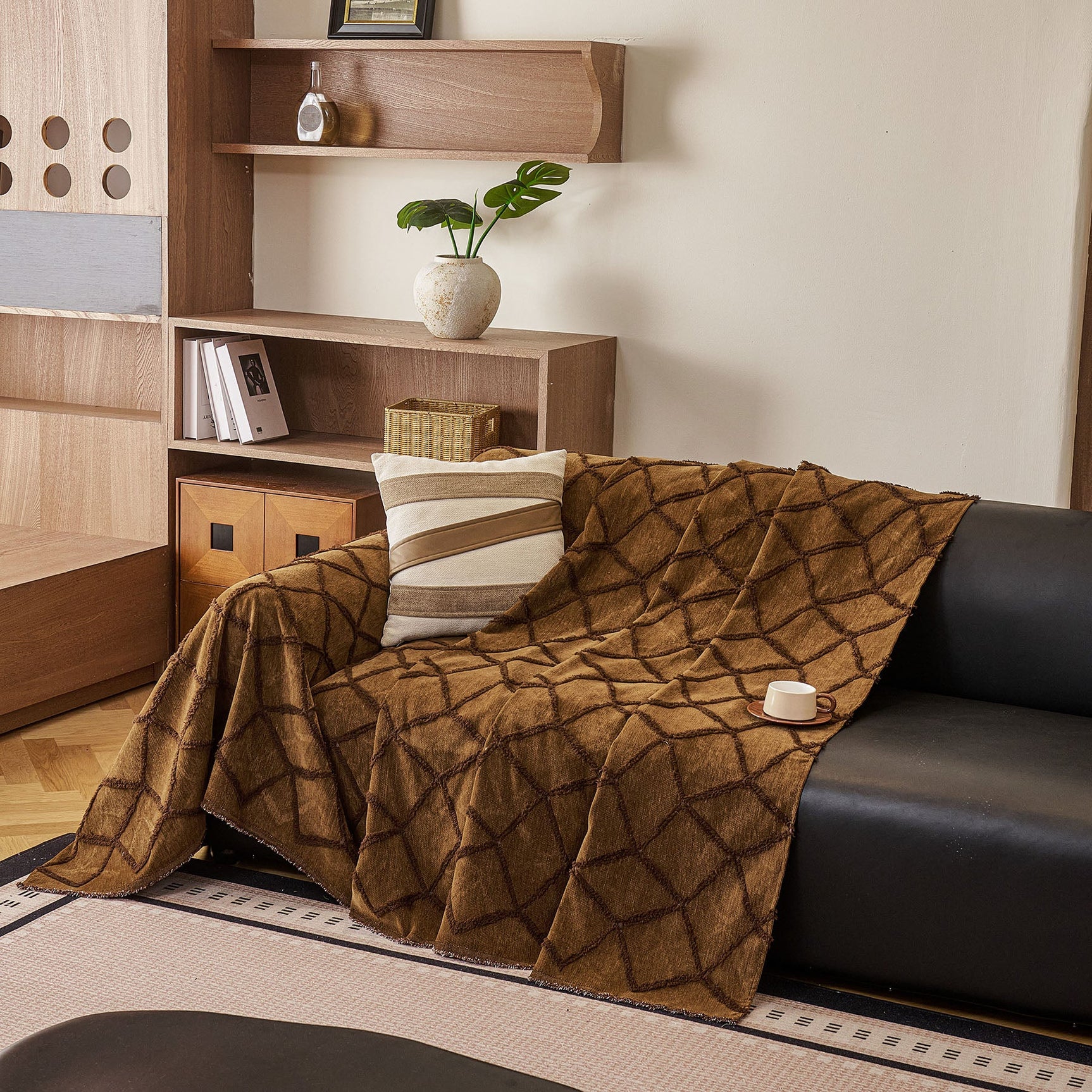 Soft Chenille Sofa Throw Cover, Raised Geometric Texture Furniture Protector Blanket