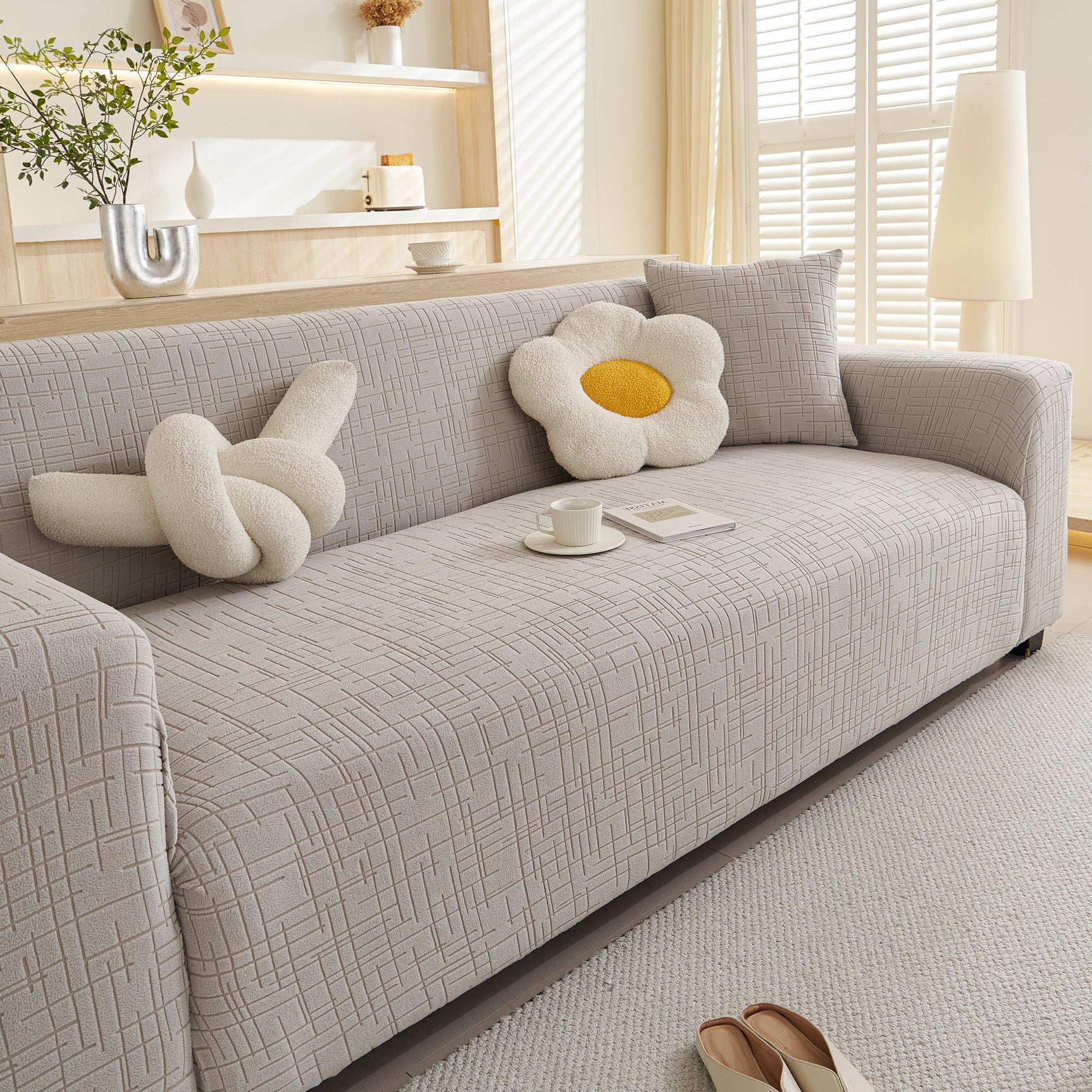Embossed Lines Couch Covers Stretchable Non-Slip & Washable Sofa Slipcovers