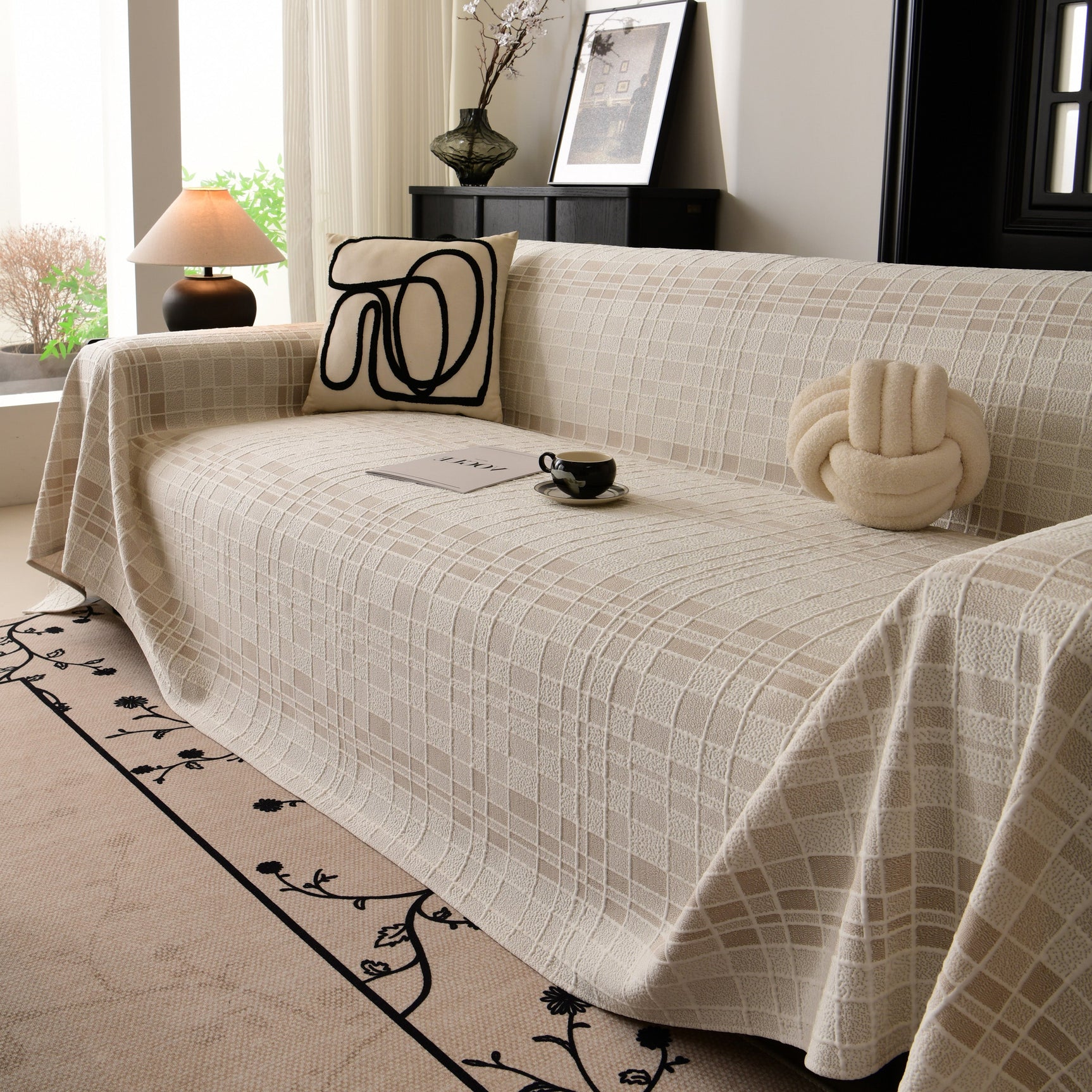 Sofa Cover Throw with Subtle Textured Stripes Lightweight Smooth Couch Slipcover