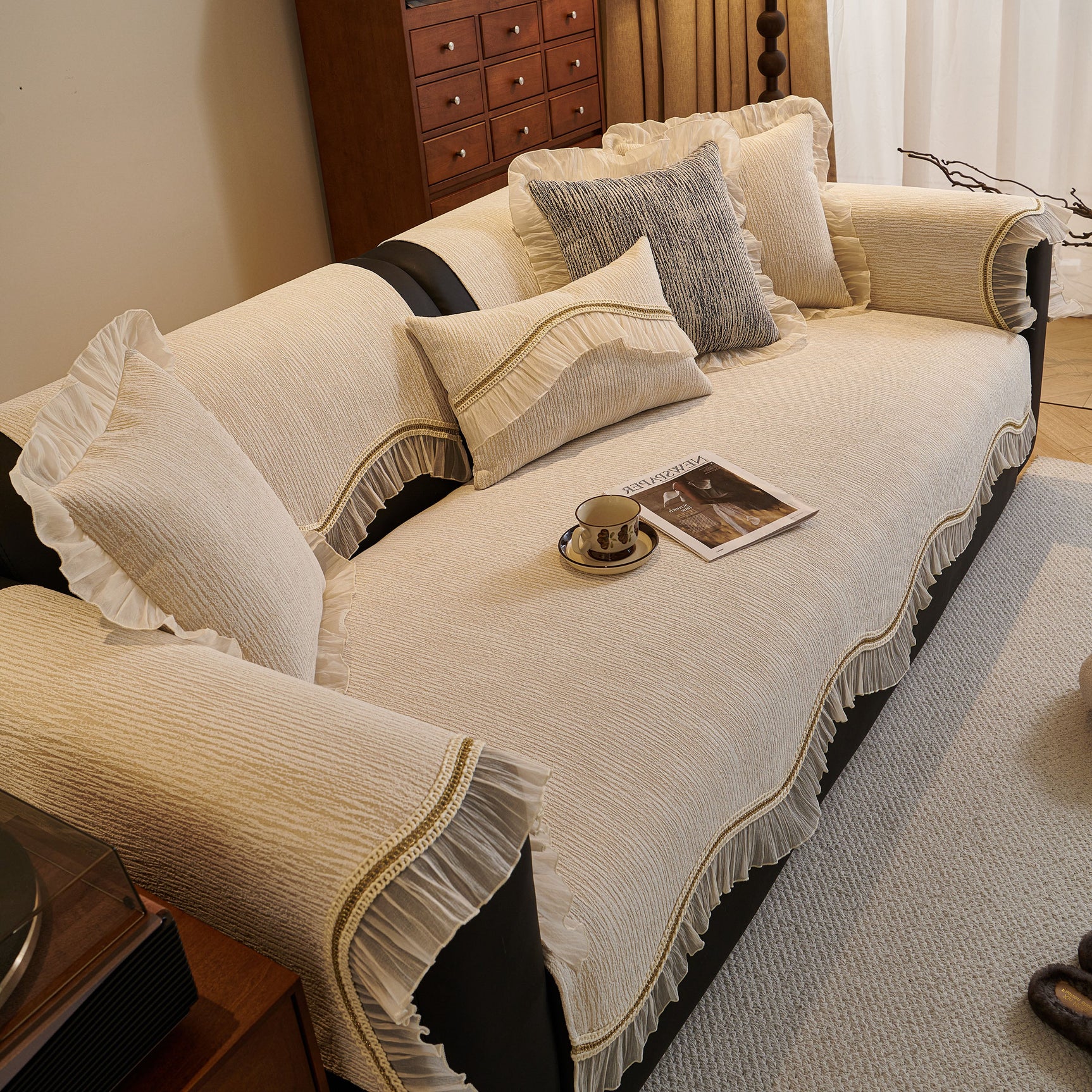 French Vintage Style Couch Cover with Skirt, Non-Slip Sectional Furniture Covers