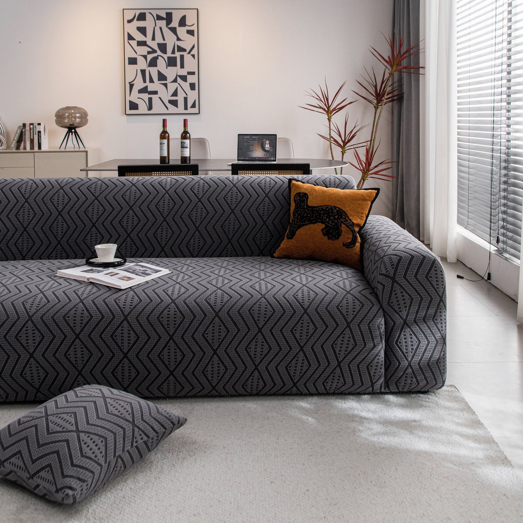 Modern Geometric Jacquard Sofa Slipcover, High Stretch 1-Piece Textured Couch Cover