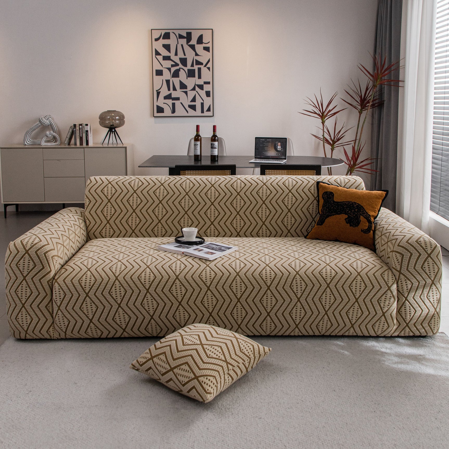 Modern Geometric Jacquard Sofa Slipcover, High Stretch 1-Piece Textured Couch Cover