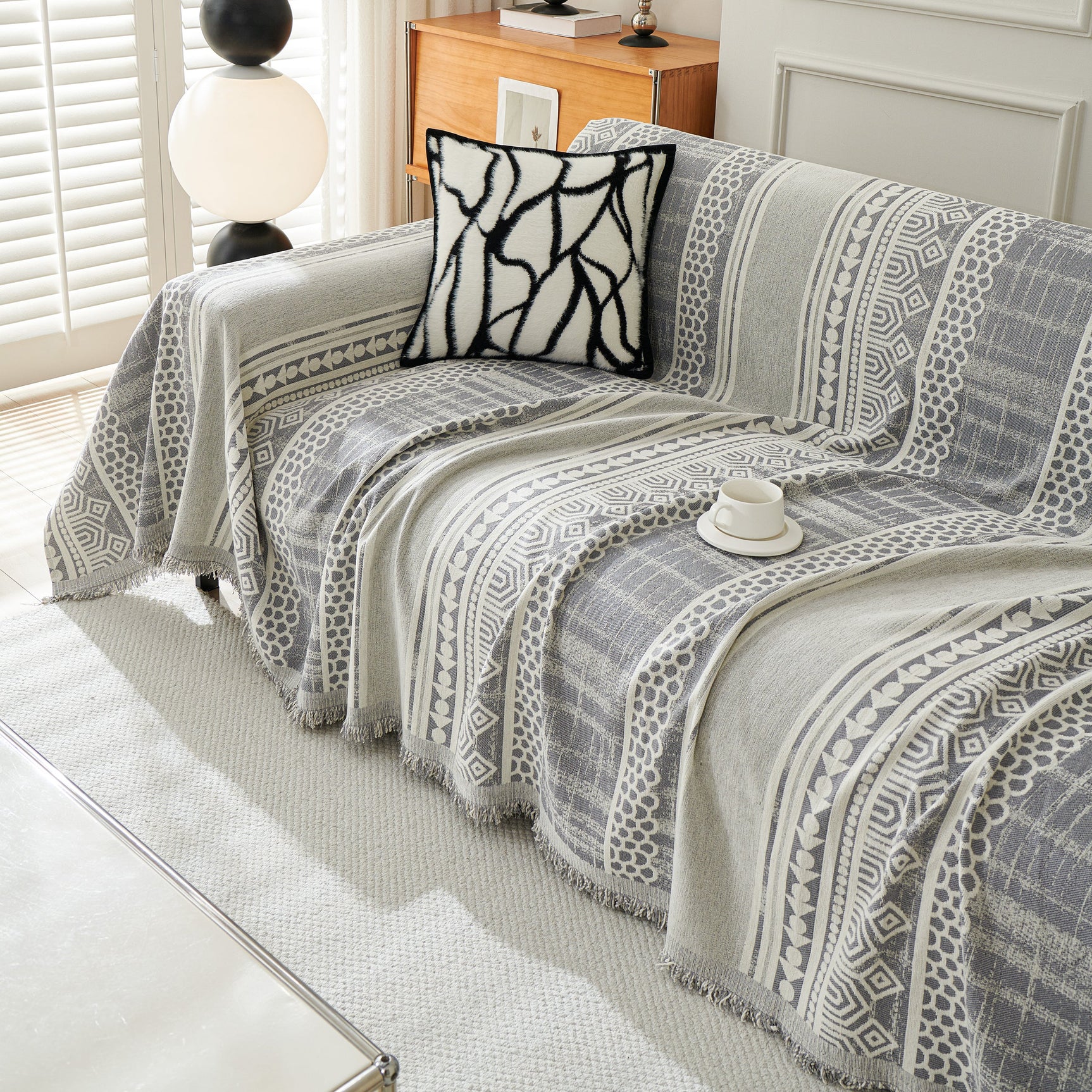 Chenille Sofa Cover Throw Blanket, Boho Geometric Scratch Proof Couch Protector