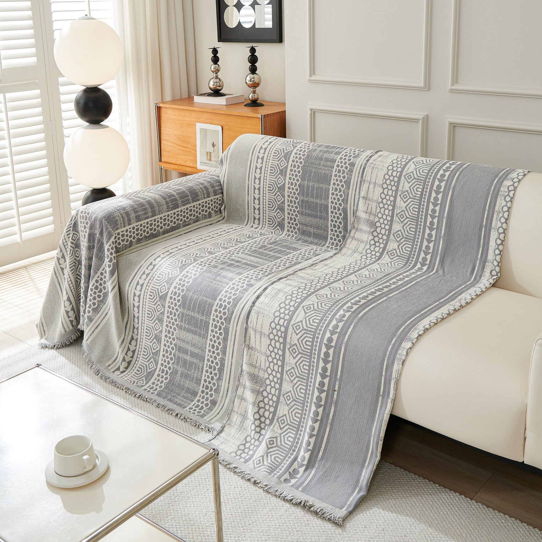 Chenille Sofa Cover Throw Blanket, Boho Geometric Scratch Proof Couch Protector