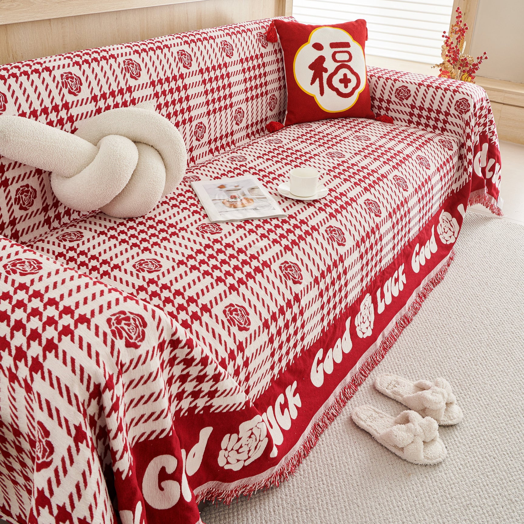 Chenille Houndstooth Sofa Throw Cover, Scratch Proof Cozy Throw Blankets for Couch