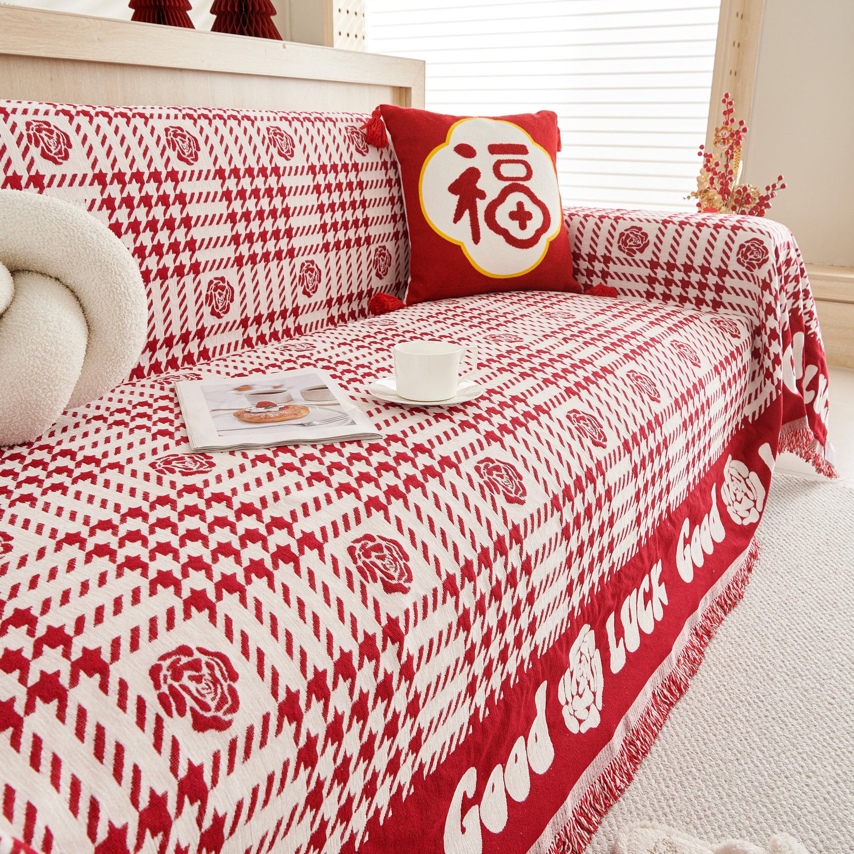 Chenille Houndstooth Sofa Throw Cover, Scratch Proof Cozy Throw Blankets for Couch