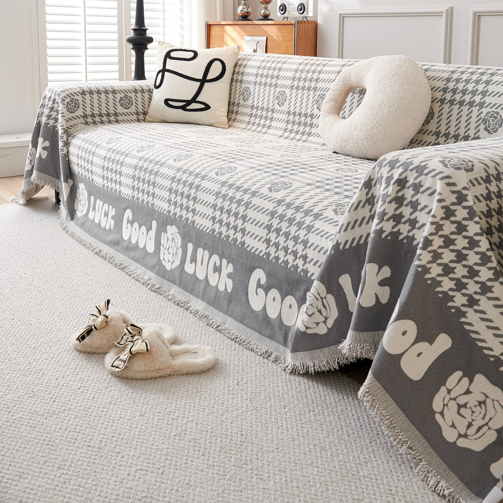 Chenille Houndstooth Sofa Throw Cover, Scratch Proof Cozy Throw Blankets for Couch