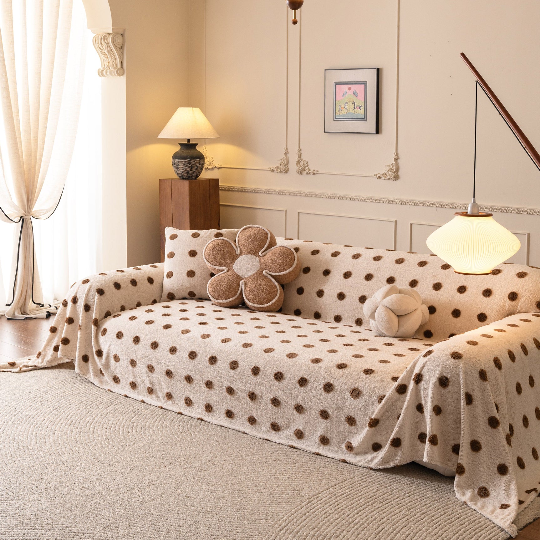 Plush Fleece Sofa Cover Throw, Soft Textured Polka Dot Couch Protector Blanket for Pets