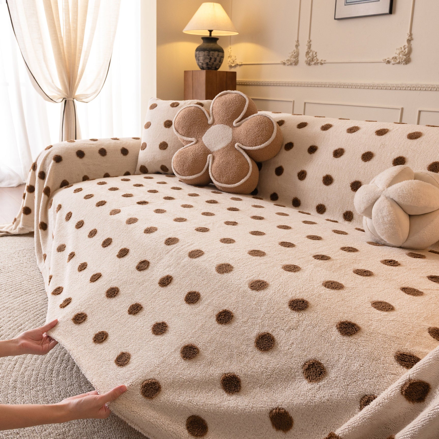 Plush Fleece Sofa Cover Throw, Soft Textured Polka Dot Couch Protector Blanket for Pets