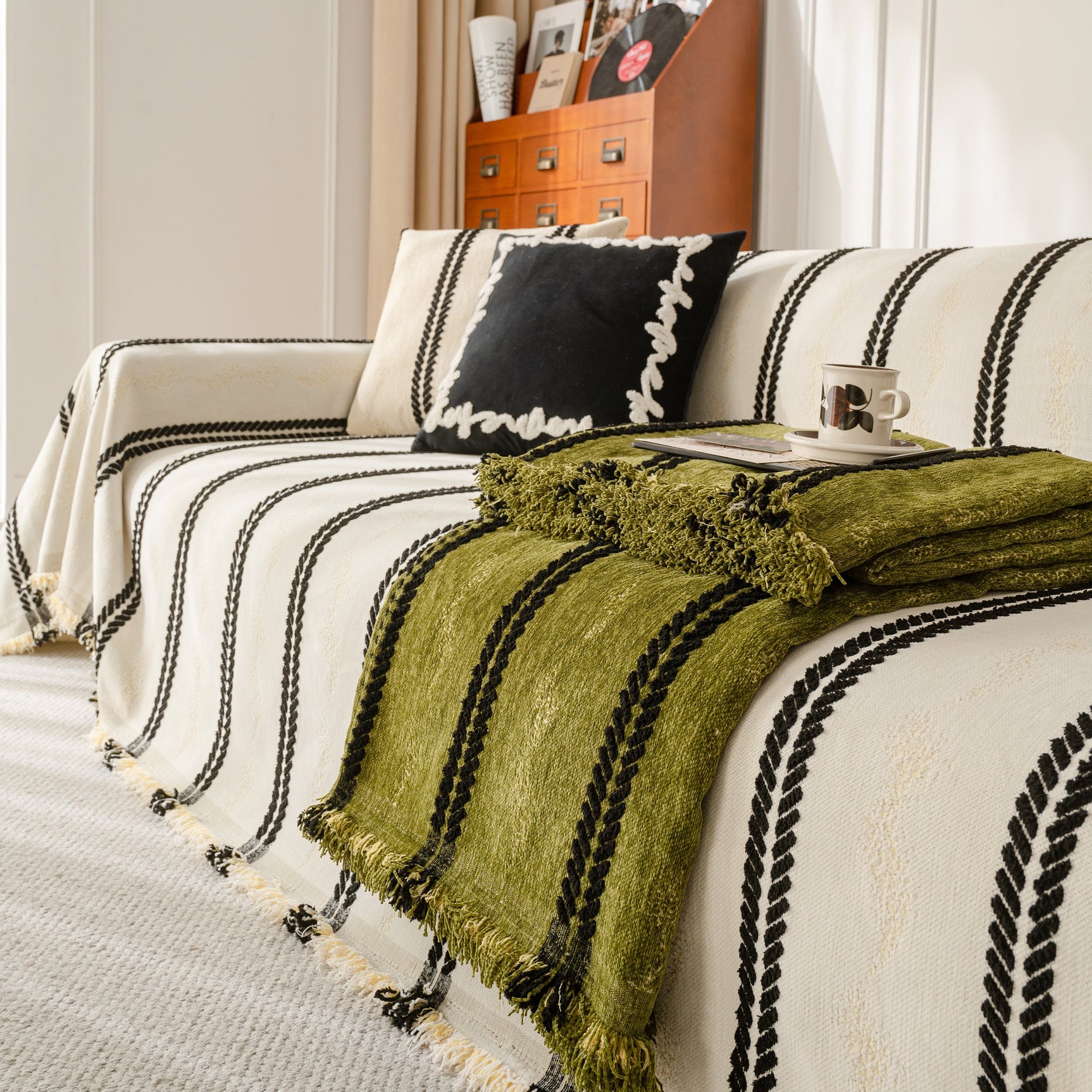 Boho Couch Throw Blanket with Textured Stripes, Sofa Cover for Living Room Decor