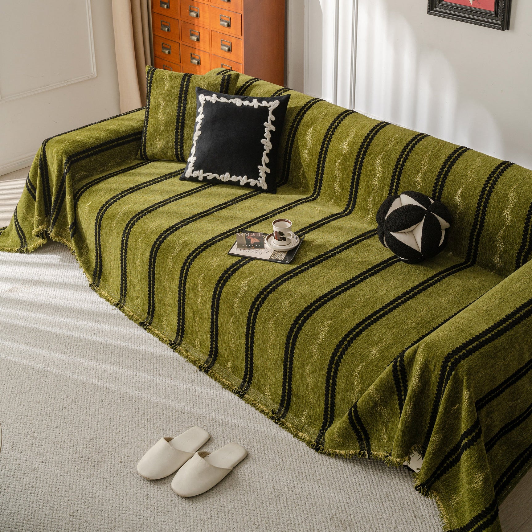 Boho Couch Throw Blanket with Textured Stripes, Sofa Cover for Living Room Decor