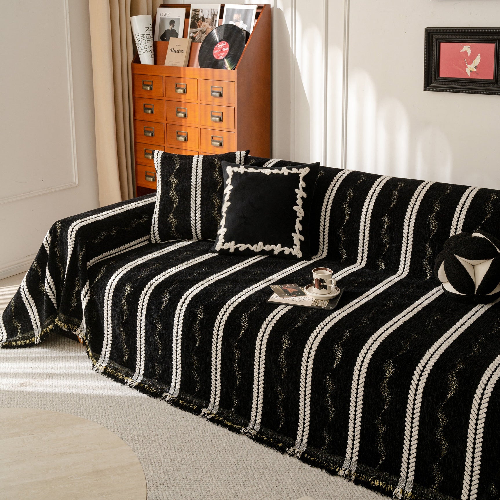 Boho Couch Throw Blanket with Textured Stripes, Sofa Cover for Living Room Decor