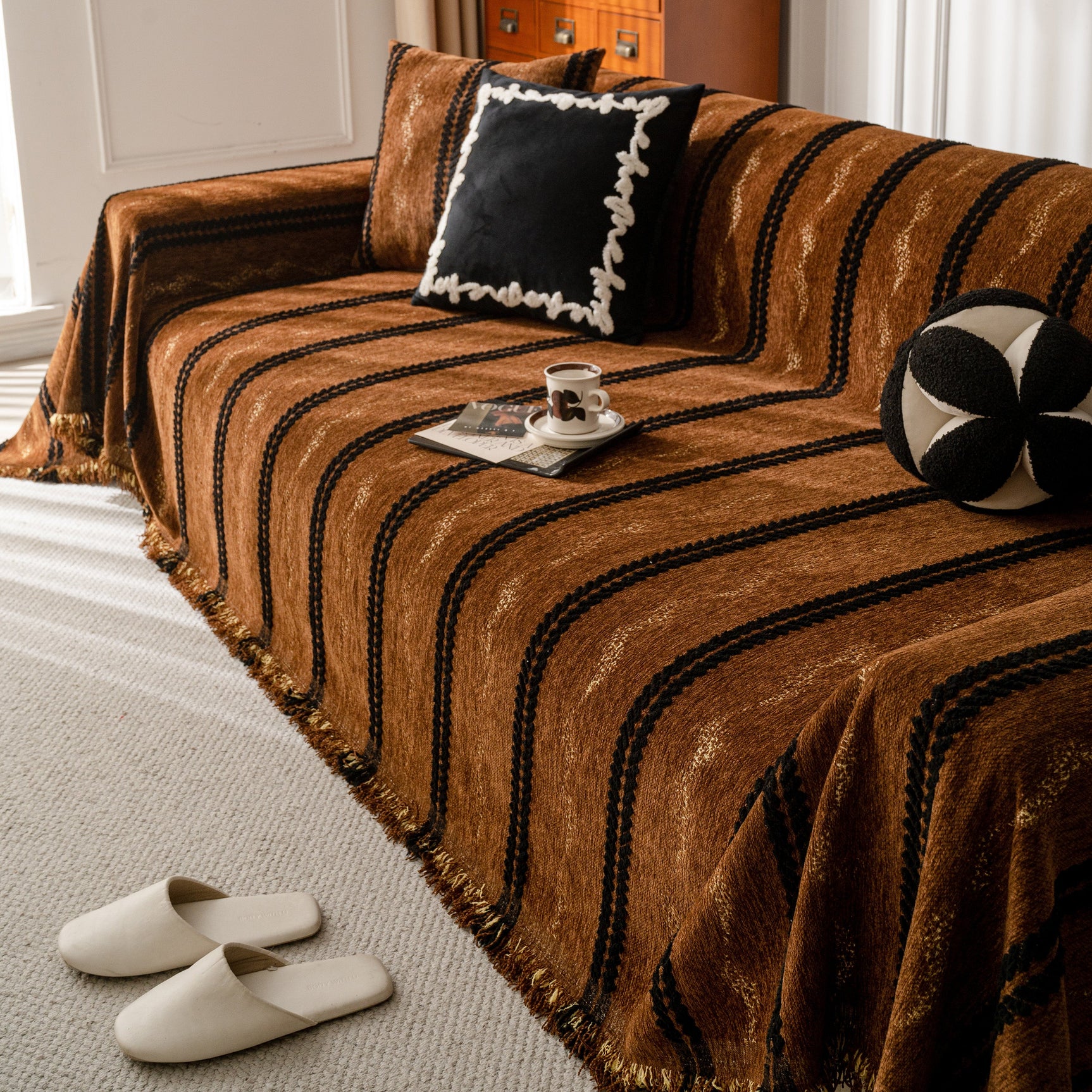 Boho Couch Throw Blanket with Textured Stripes, Sofa Cover for Living Room Decor