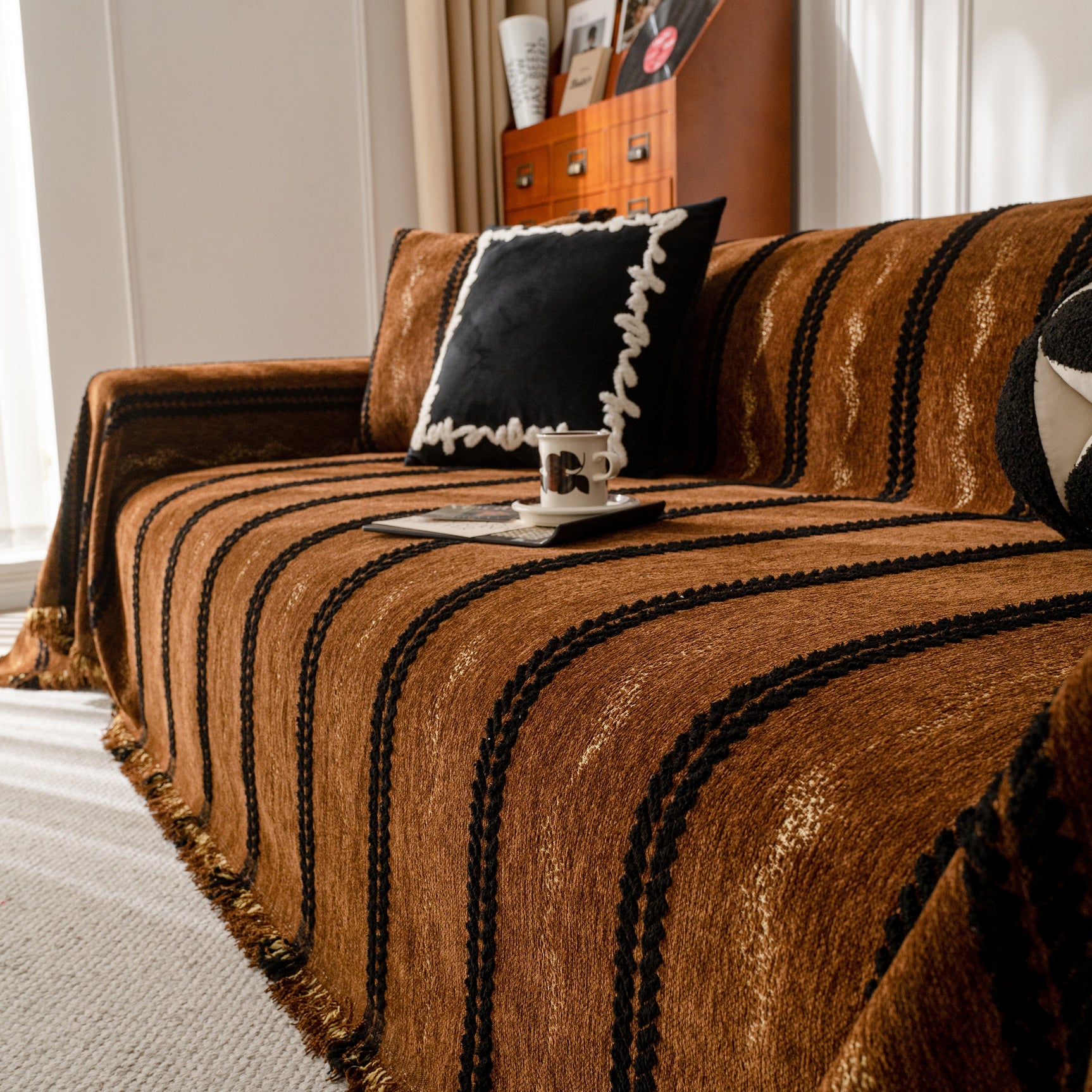 Boho Couch Throw Blanket with Textured Stripes, Sofa Cover for Living Room Decor