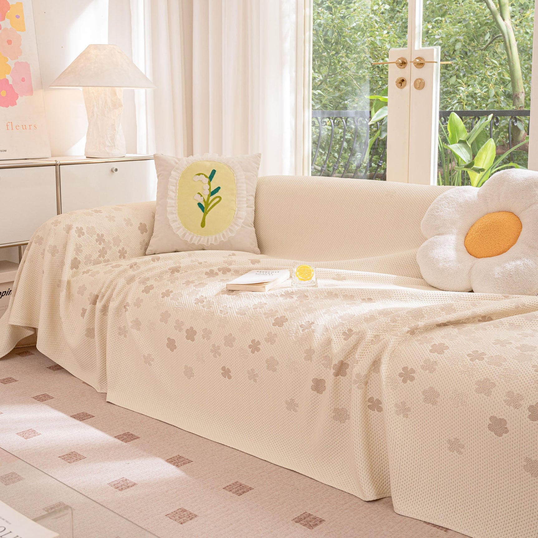 Cooling Ice Silk Sofa Cover Blanket, Floral Soft Silky Breathable Couch Throw Cover