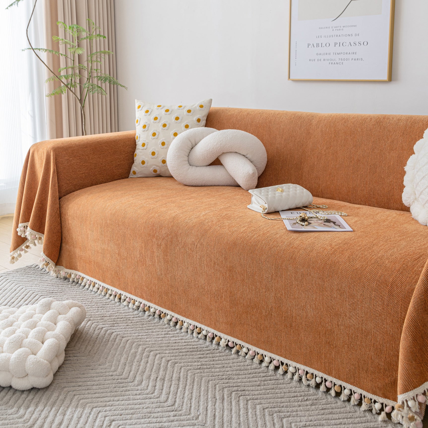 Couch Cover Sectional L Shape Chenille Herringbone Couch Throw Cover with Tassel Pom-Poms for Pets