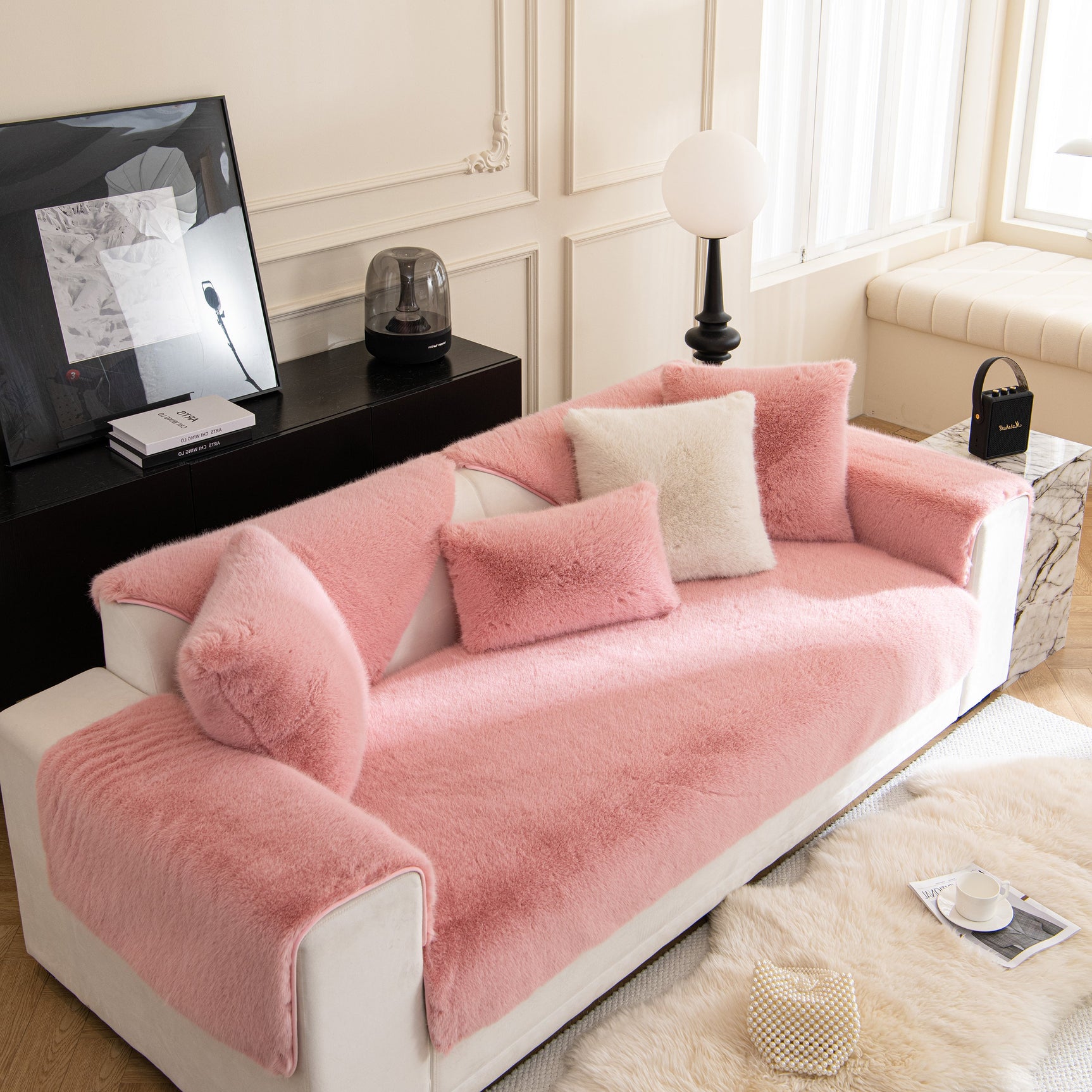 Faux Mink Velvet Luxury Fluffy Sofa Cushion, Winter Warm Thick Plush Non-slip Sofa Covers