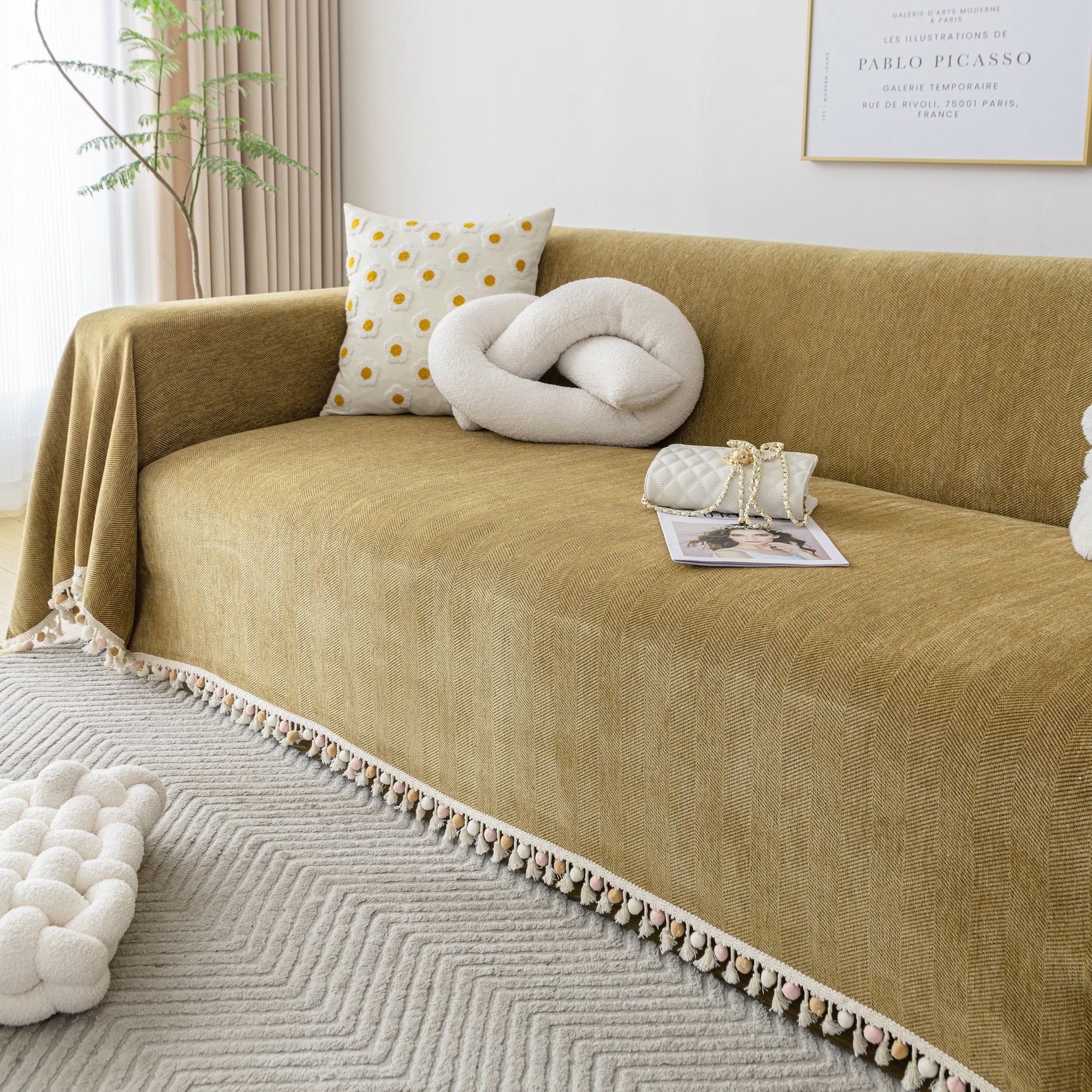 Couch Cover Sectional L Shape Chenille Herringbone Couch Throw Cover with Tassel Pom-Poms for Pets