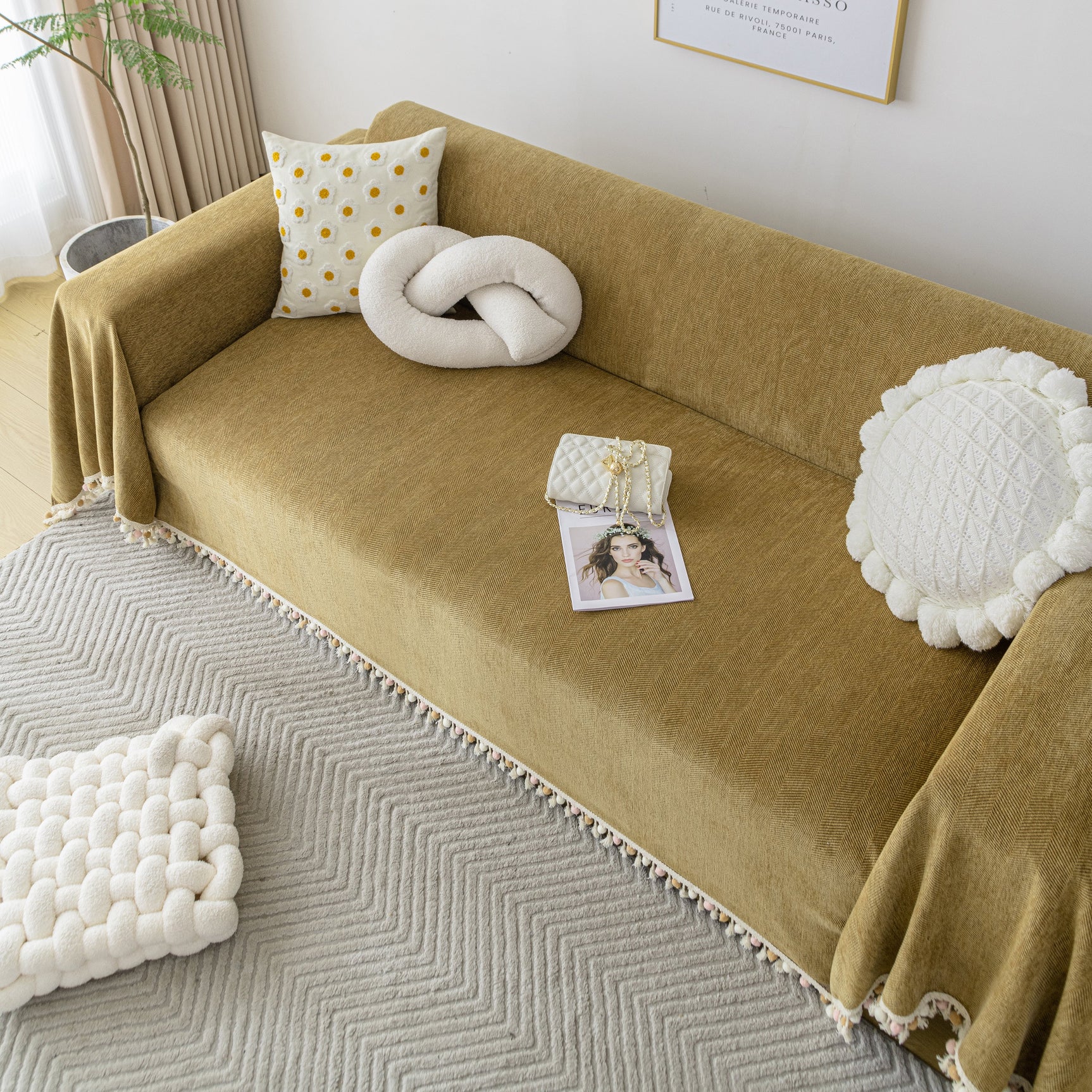 Couch Cover Sectional L Shape Chenille Herringbone Couch Throw Cover with Tassel Pom-Poms for Pets