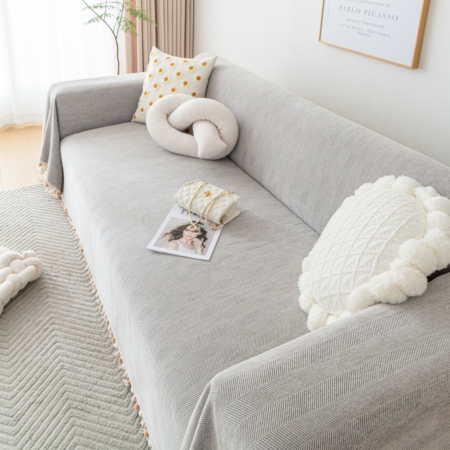Couch Cover Sectional L Shape Chenille Herringbone Couch Throw Cover with Tassel Pom-Poms for Pets