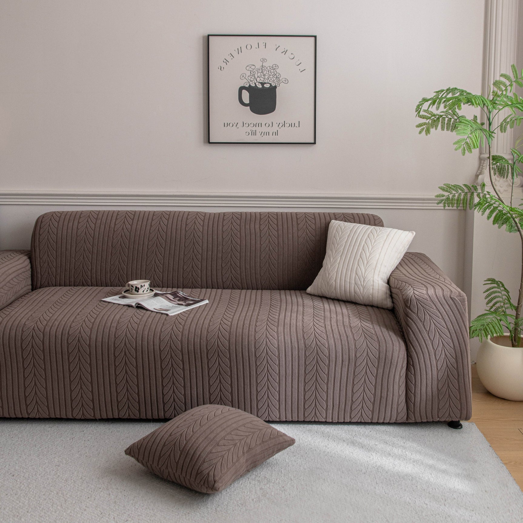 Plush Fleece Sofa Slipcover with 3D Wheat Pattern, Cozy High-Stretch Couch Cover
