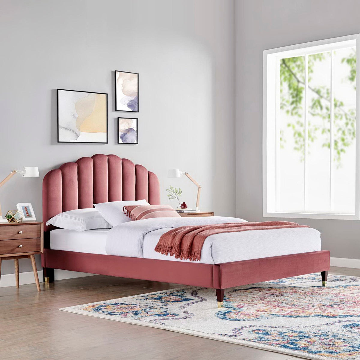 Daisy Dusty Rose Performance Velvet Queen Platform Bed - Ornate Home