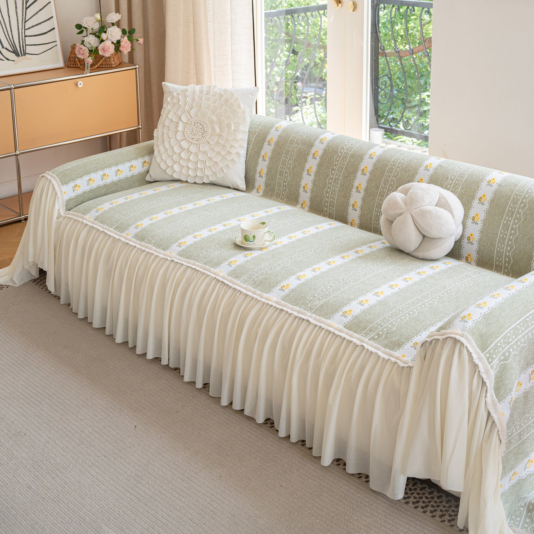 Daisy Striped Sofa Cover with Sheer Ruffle Skirt, Floral Soft Slipcover Blanket - Ornate Home
