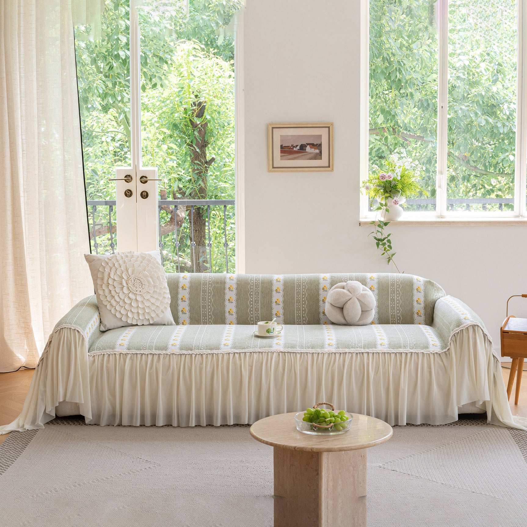 Daisy Striped Sofa Cover with Sheer Ruffle Skirt, Floral Soft Slipcover Blanket - Ornate Home
