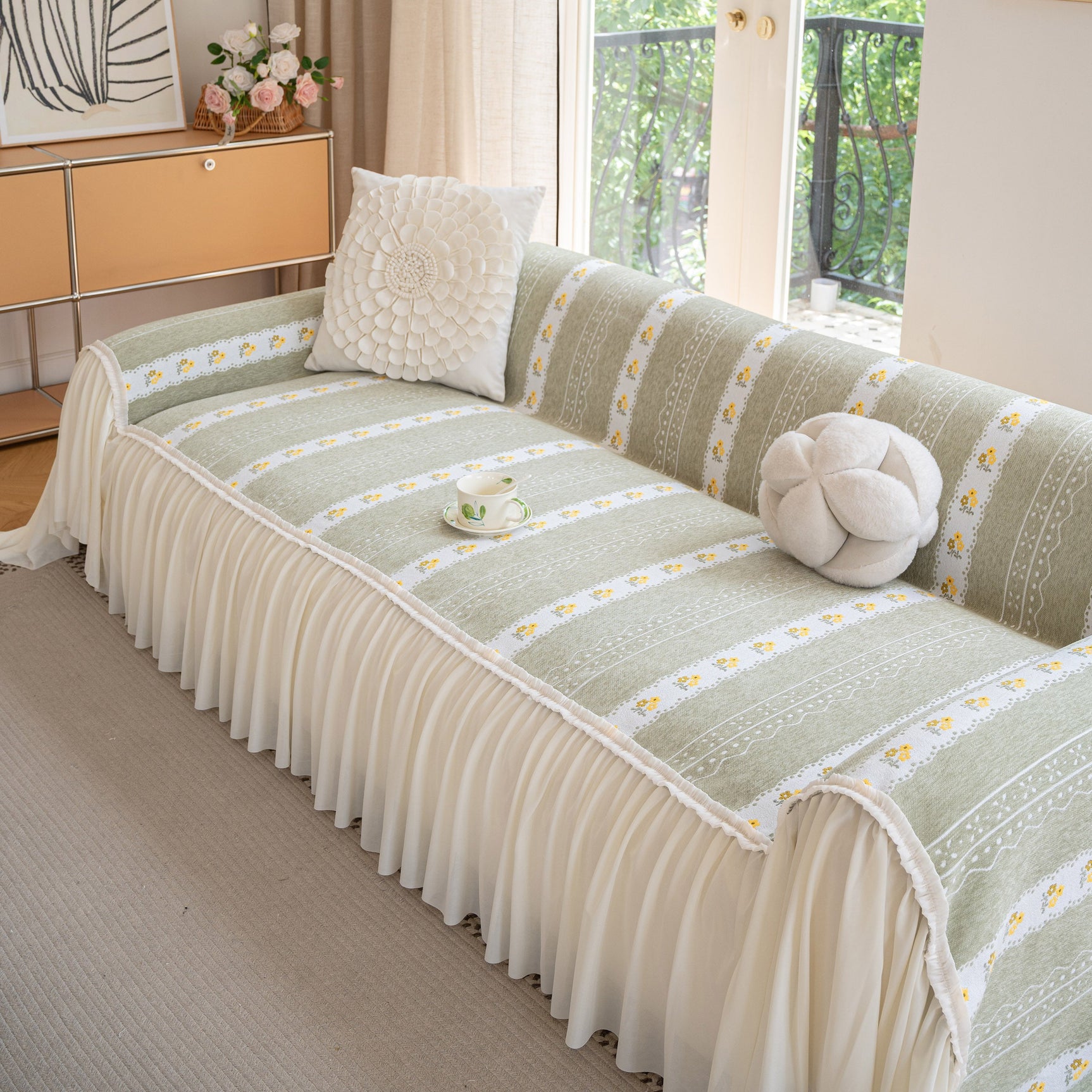 Daisy Striped Sofa Cover with Sheer Ruffle Skirt, Floral Soft Slipcover Blanket - Ornate Home