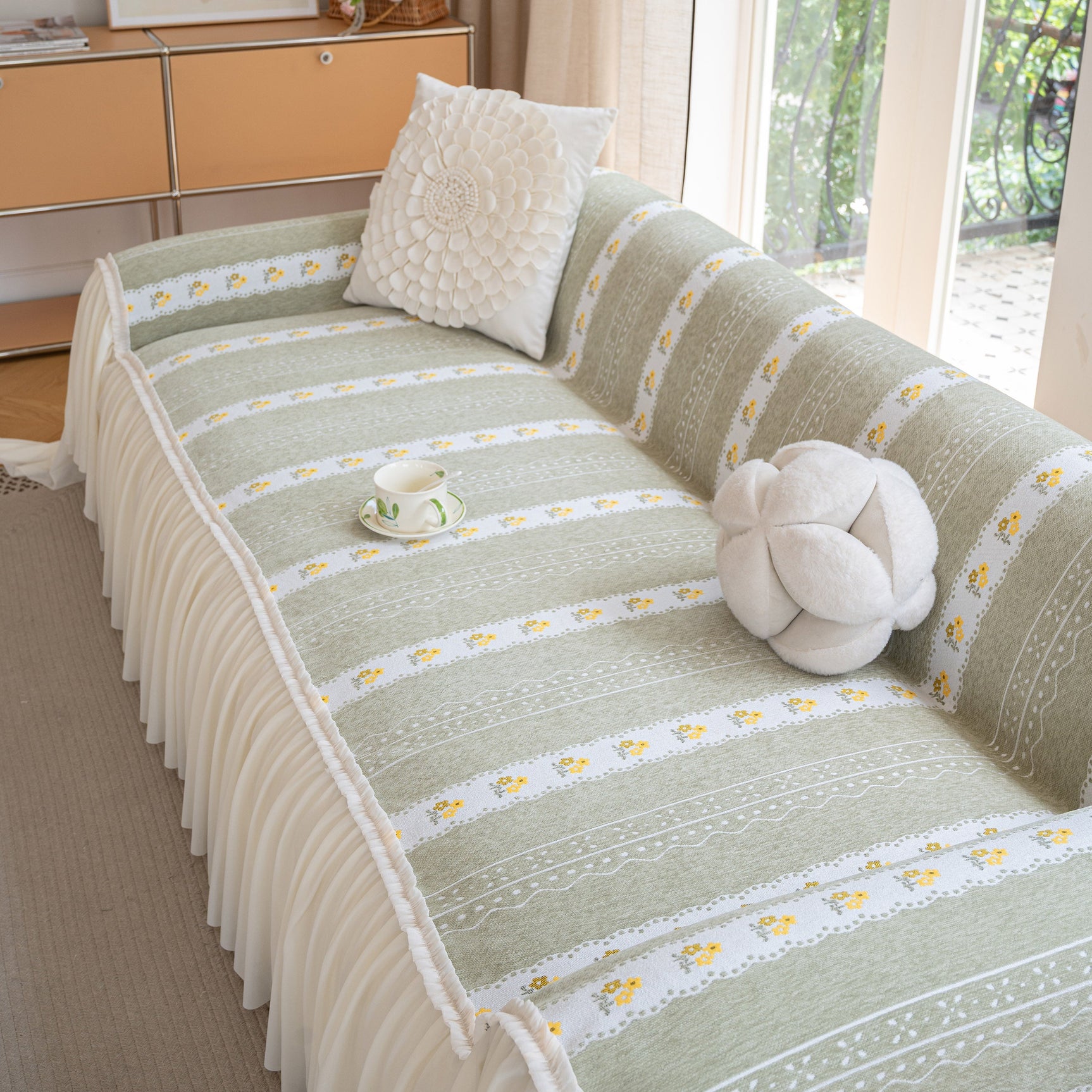 Daisy Striped Sofa Cover with Sheer Ruffle Skirt, Floral Soft Slipcover Blanket - Ornate Home