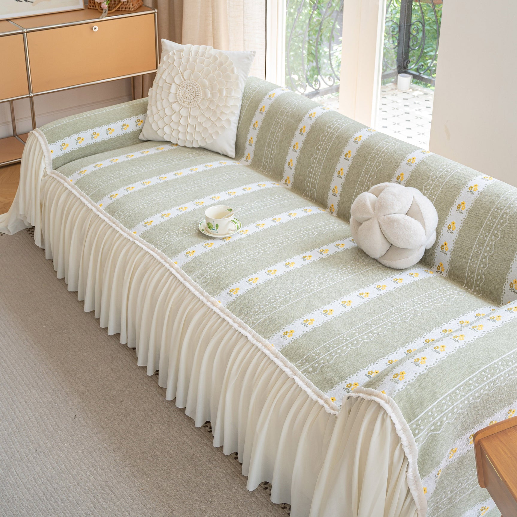 Daisy Striped Sofa Cover with Sheer Ruffle Skirt, Floral Soft Slipcover Blanket - Ornate Home