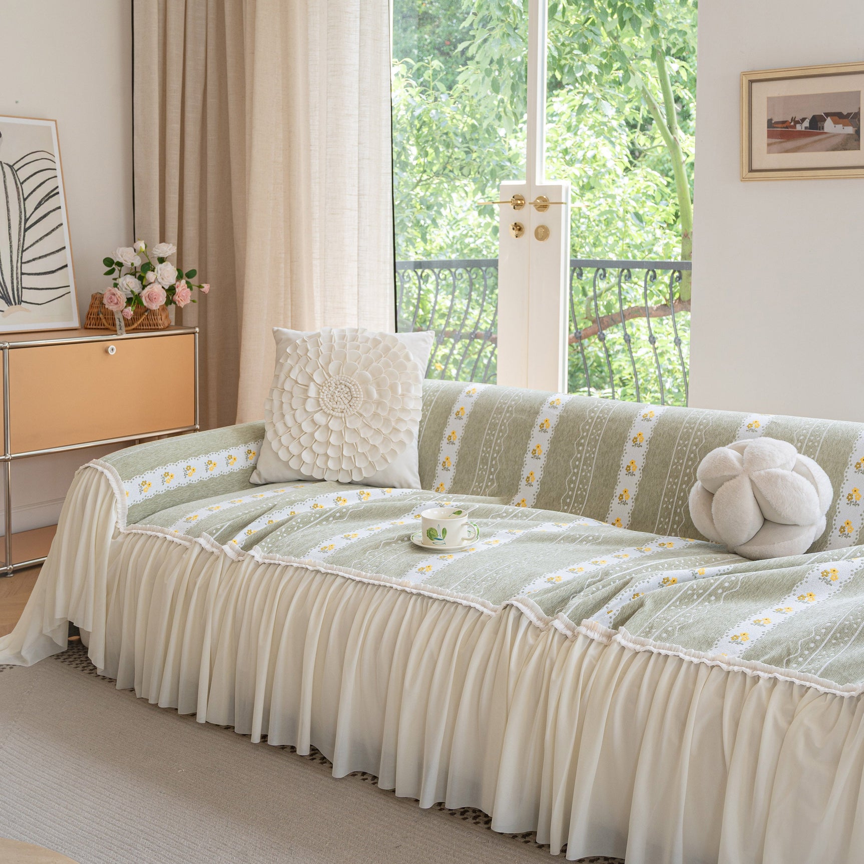 Daisy Striped Sofa Cover with Sheer Ruffle Skirt, Floral Soft Slipcover Blanket - Ornate Home