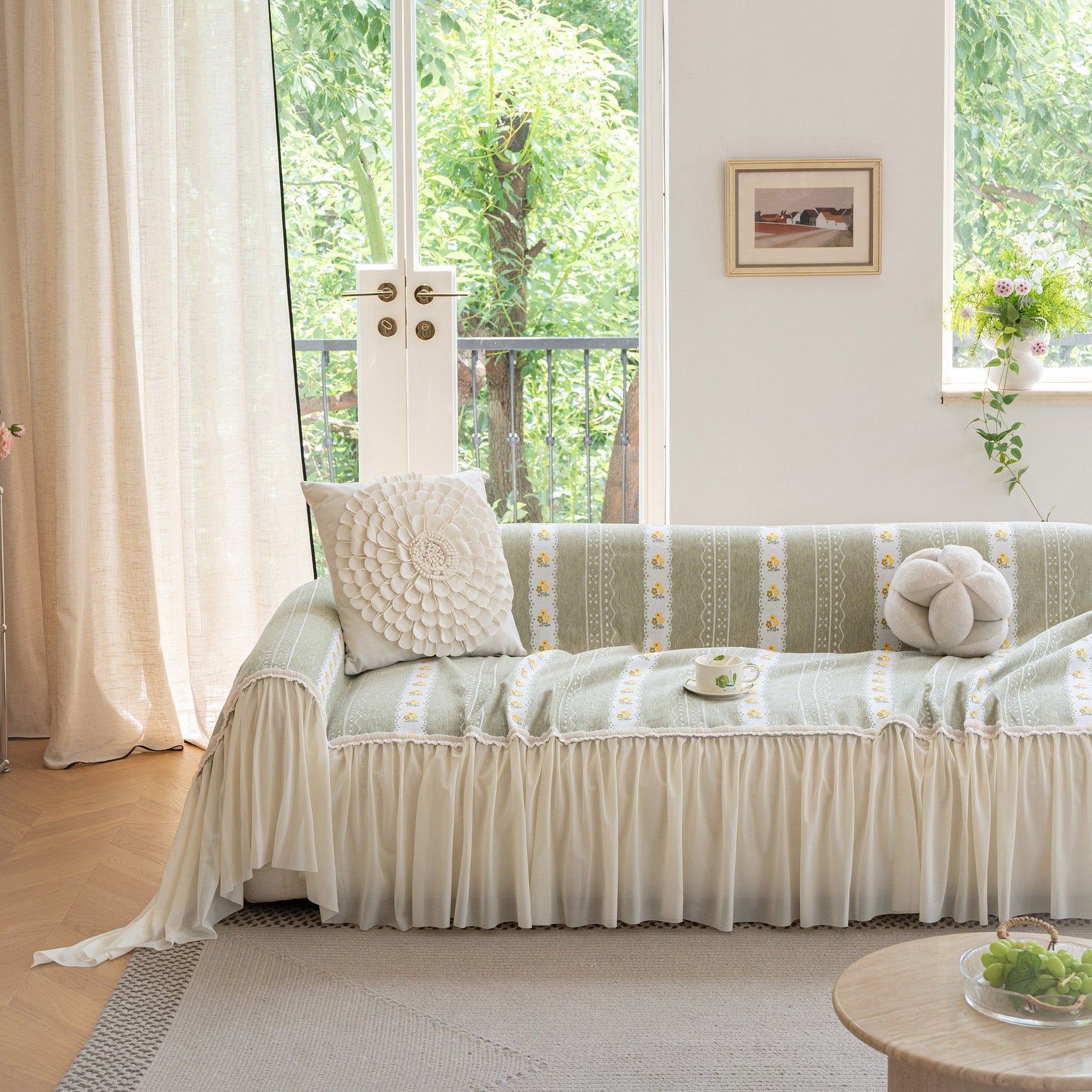 Daisy Striped Sofa Cover with Sheer Ruffle Skirt, Floral Soft Slipcover Blanket - Ornate Home