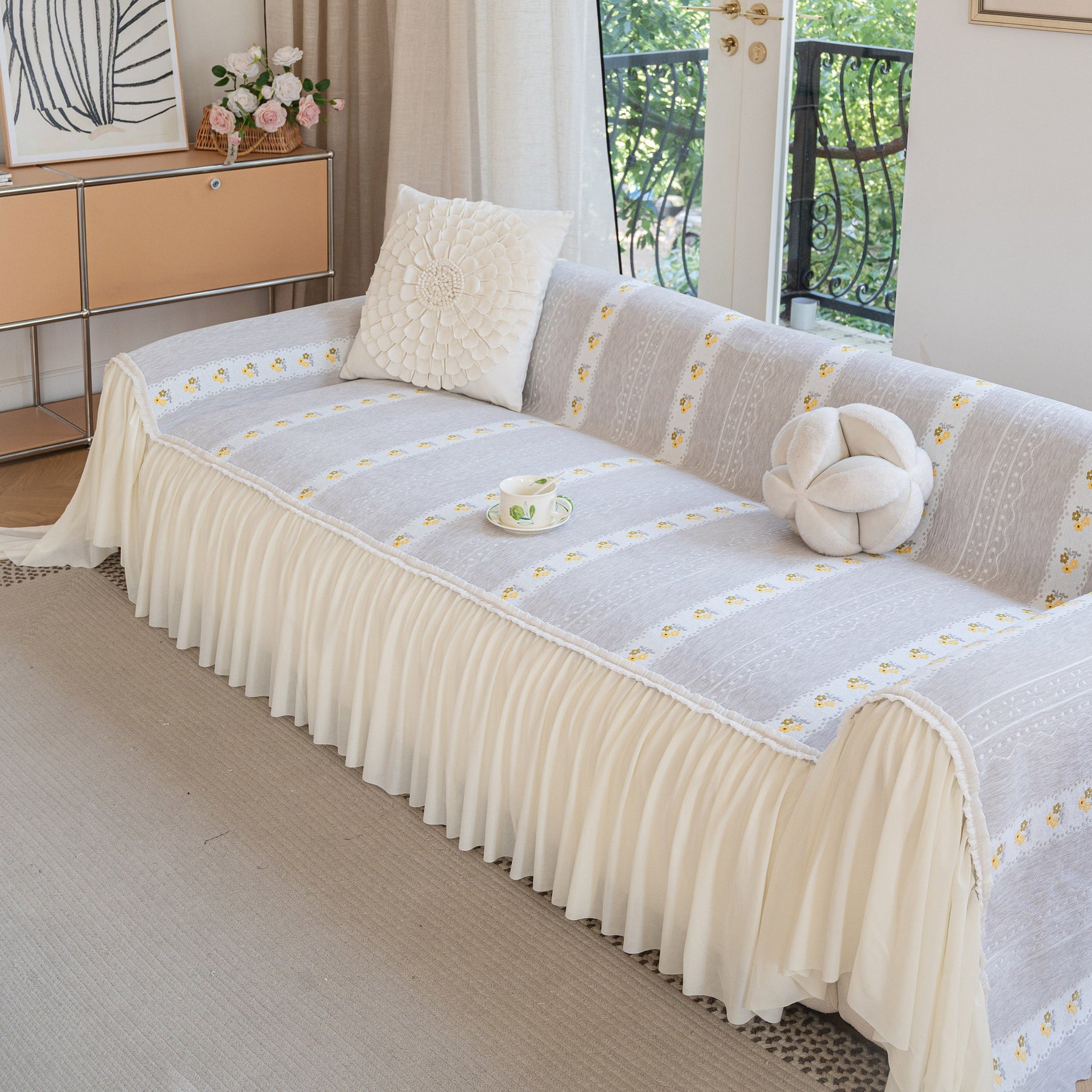 Daisy Striped Sofa Cover with Sheer Ruffle Skirt, Floral Soft Slipcover Blanket - Ornate Home