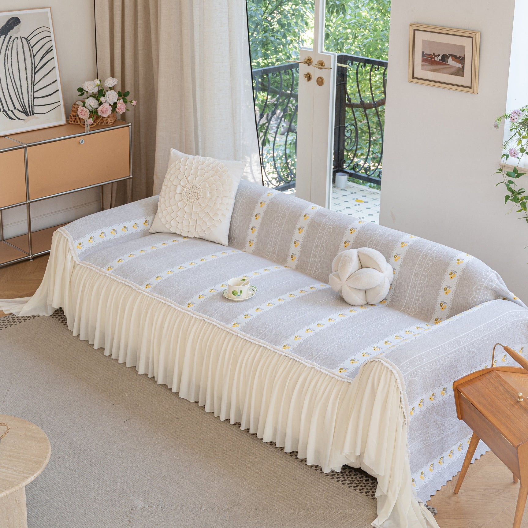Daisy Striped Sofa Cover with Sheer Ruffle Skirt, Floral Soft Slipcover Blanket - Ornate Home