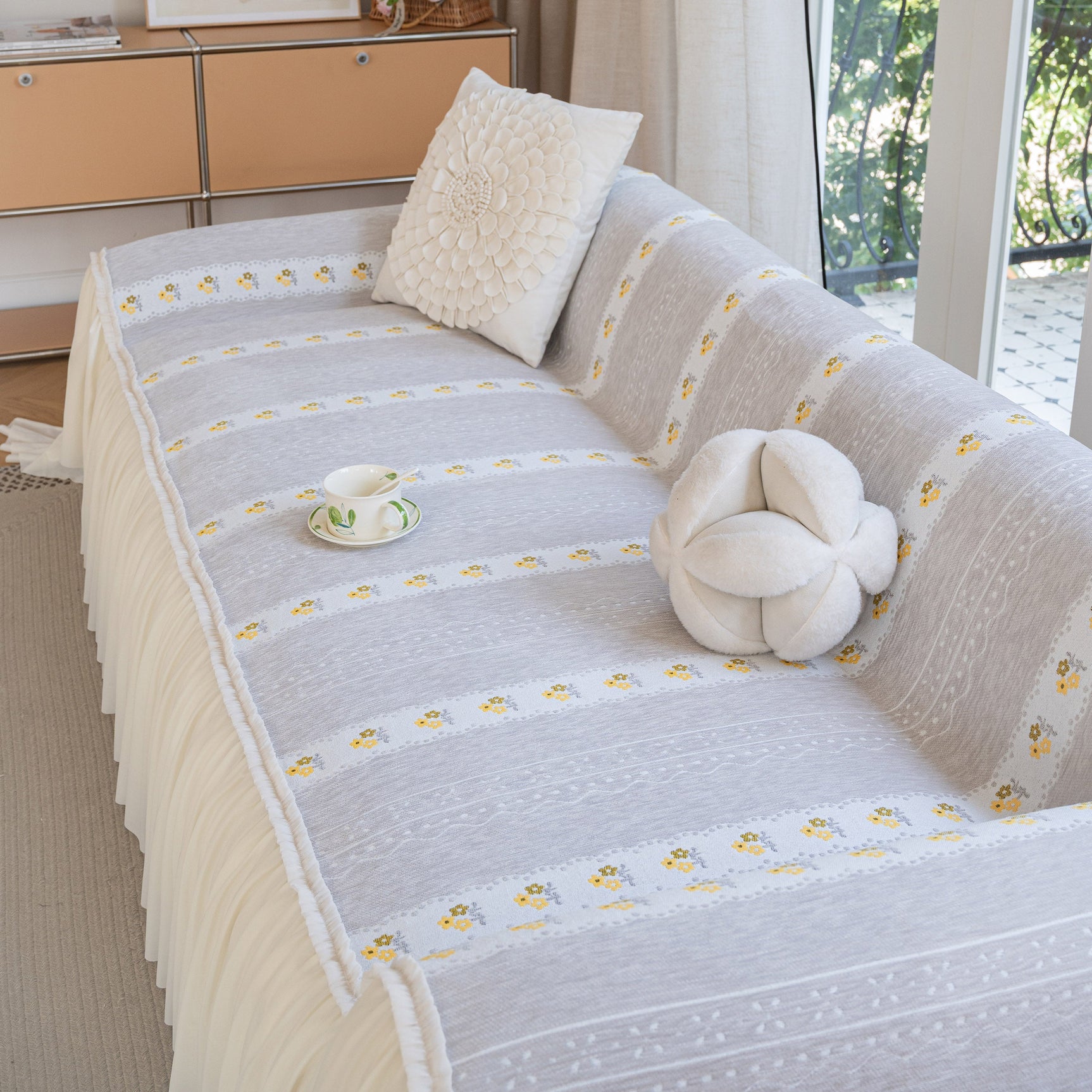 Daisy Striped Sofa Cover with Sheer Ruffle Skirt, Floral Soft Slipcover Blanket - Ornate Home