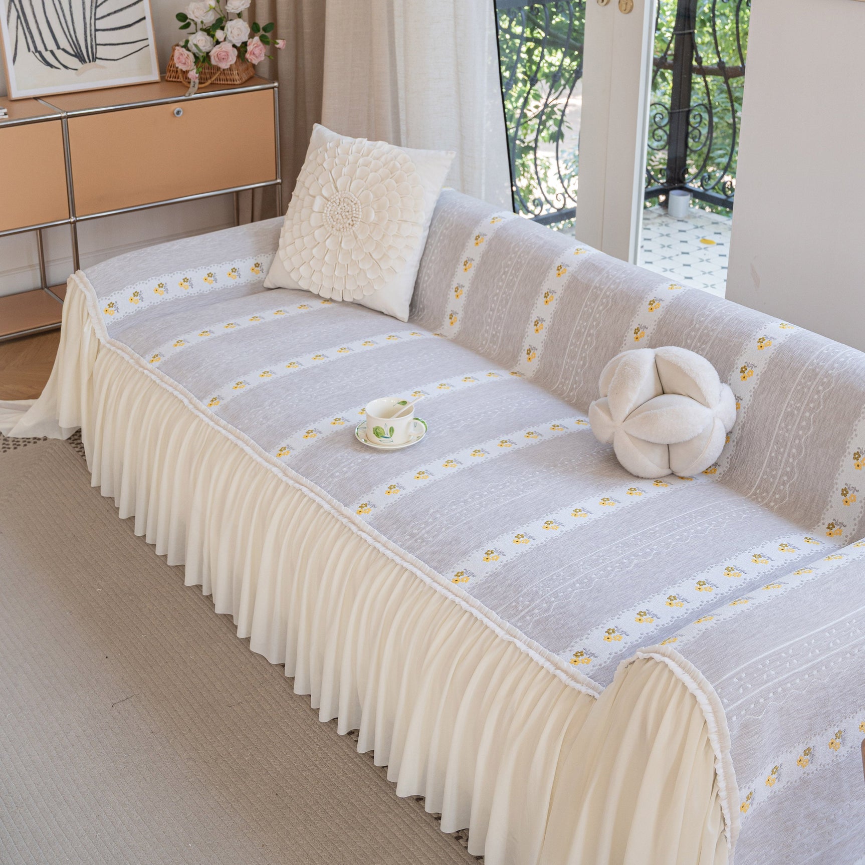 Daisy Striped Sofa Cover with Sheer Ruffle Skirt, Floral Soft Slipcover Blanket - Ornate Home