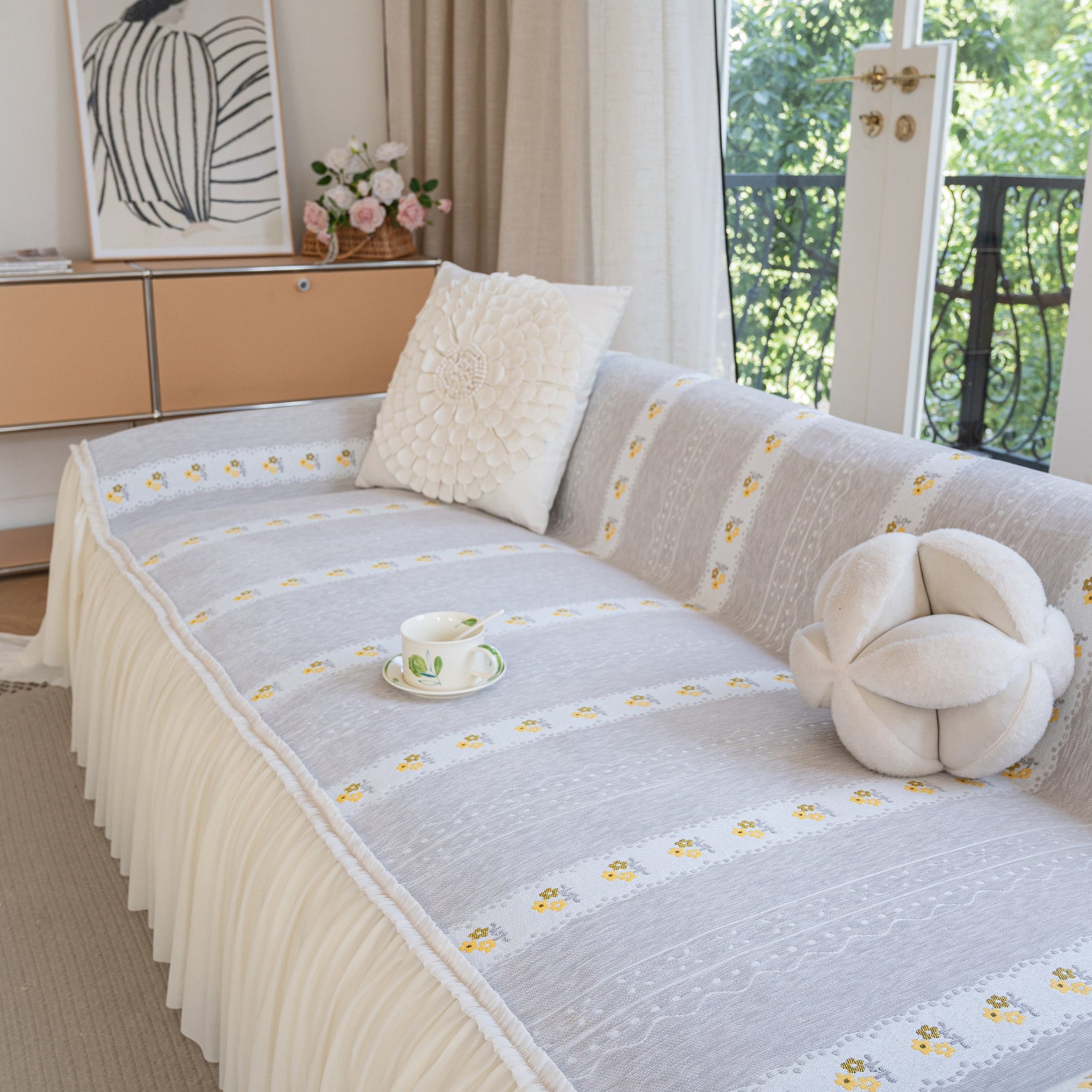 Daisy Striped Sofa Cover with Sheer Ruffle Skirt, Floral Soft Slipcover Blanket - Ornate Home