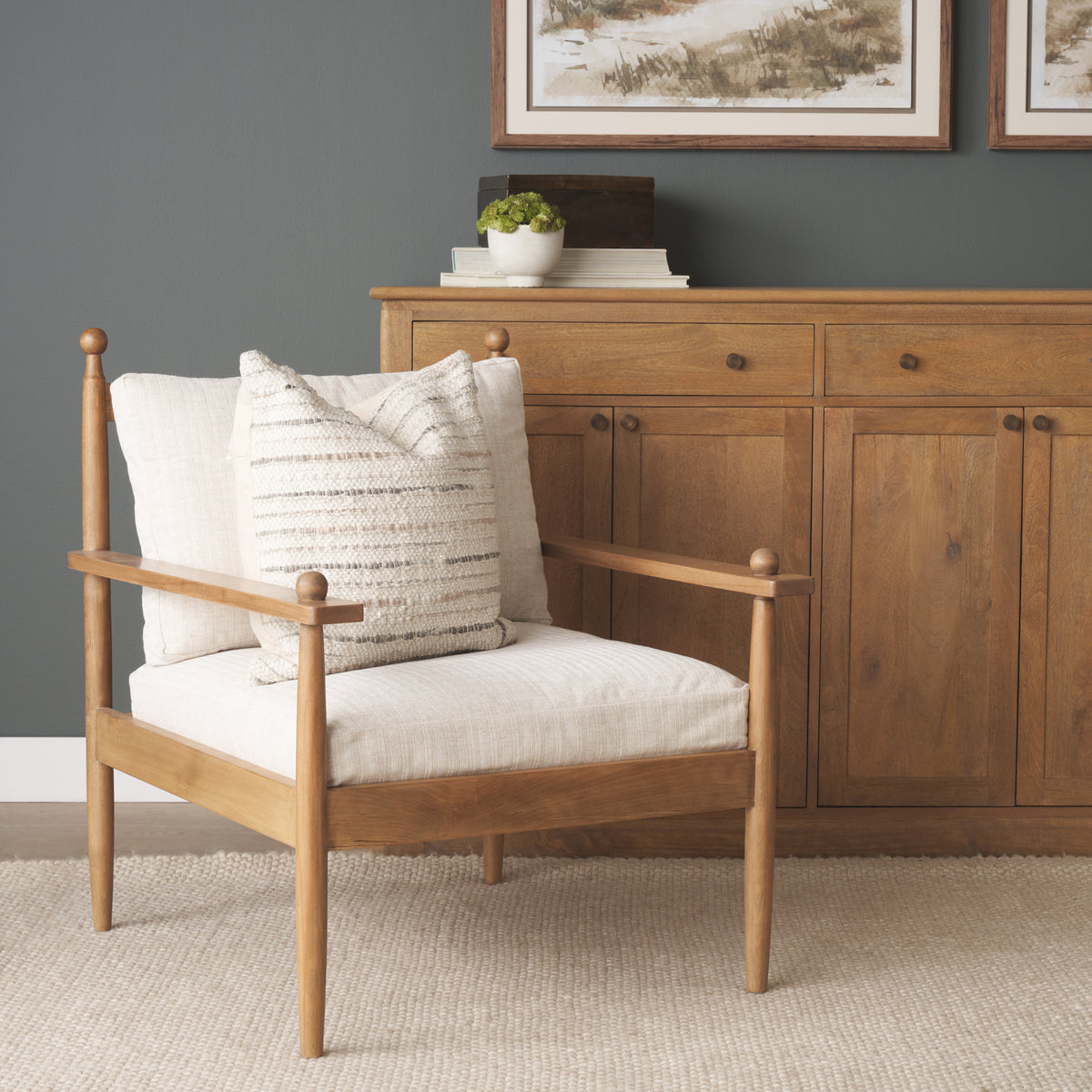 Danni Beige Fabric Beech Wood Framed Accent Lounge Chair