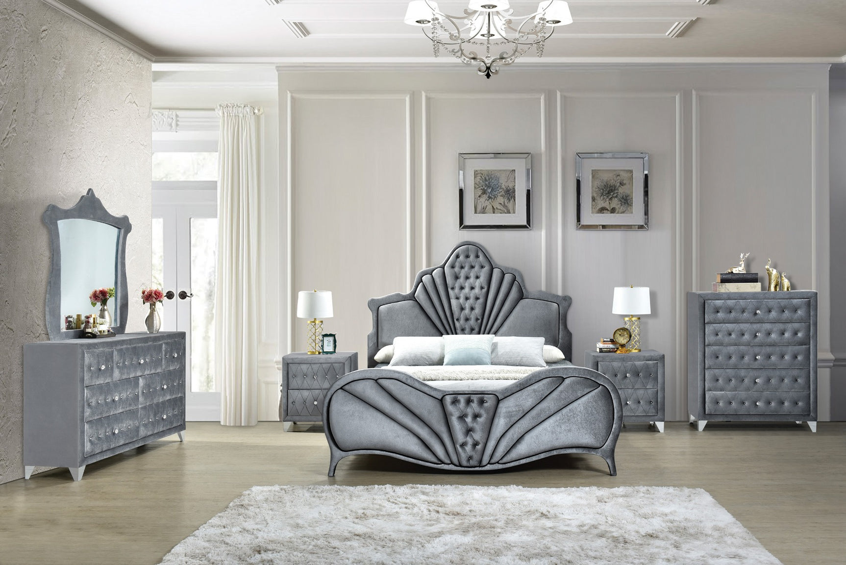 Dante Gray Velvet Queen Bed - Ornate Home