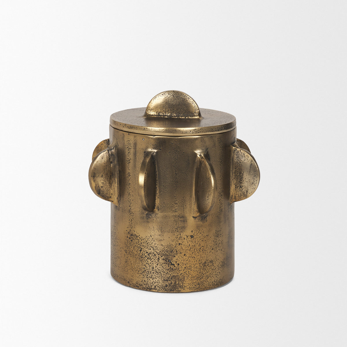 Deacon Antiqued Gold Small Metal Canister with Sculptural Handles - Ornate Home