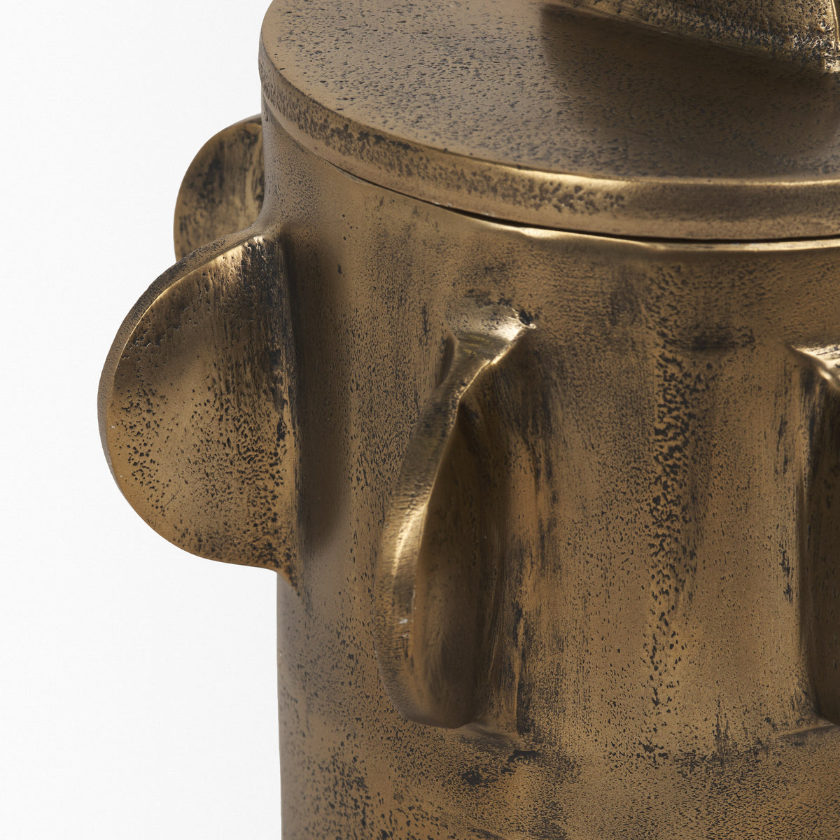 Deacon Antiqued Gold Small Metal Canister with Sculptural Handles - Ornate Home