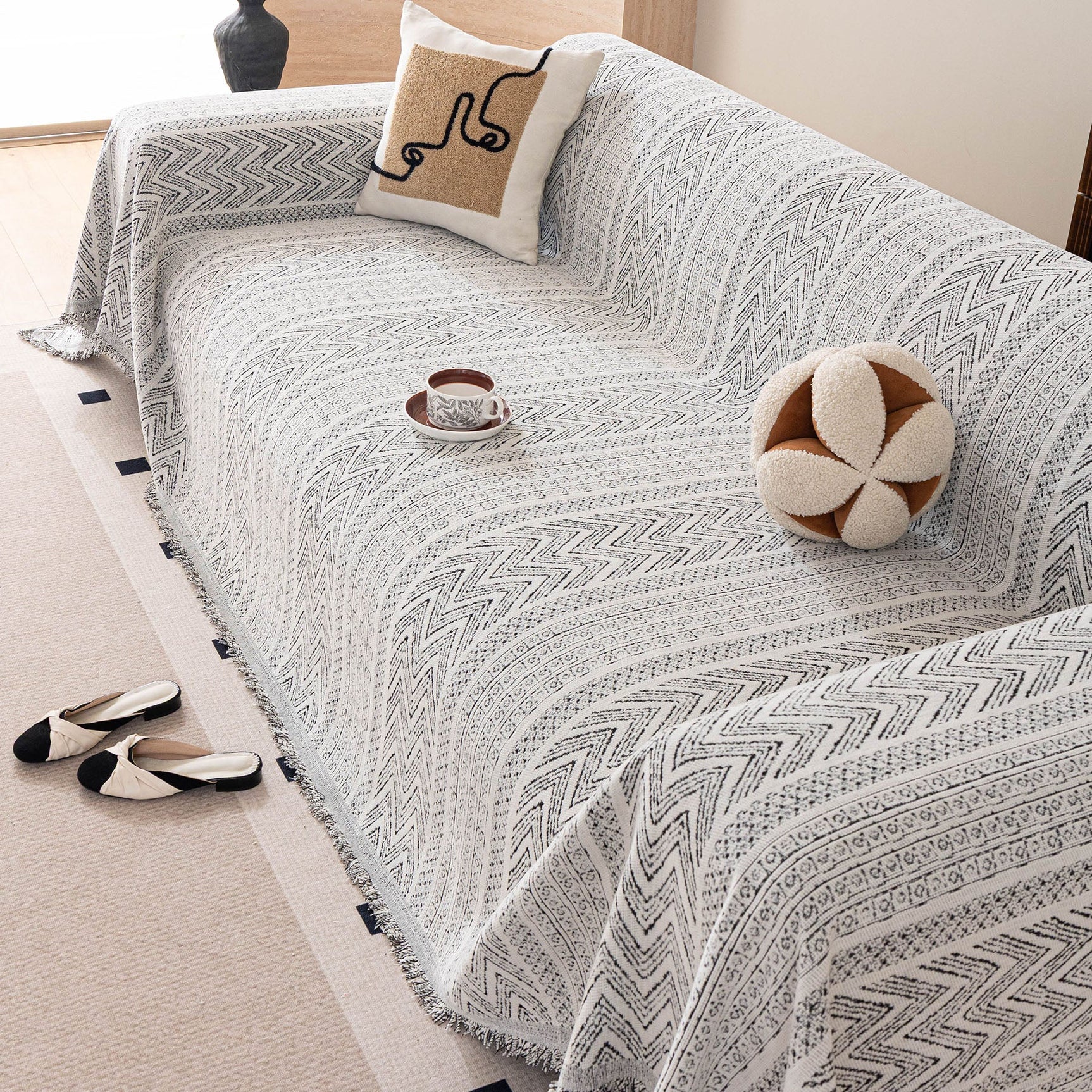 Decorative Slipcover for Pets, Kids, Boho Woven Couch Cover Throw Blanket with Tassel - Ornate Home