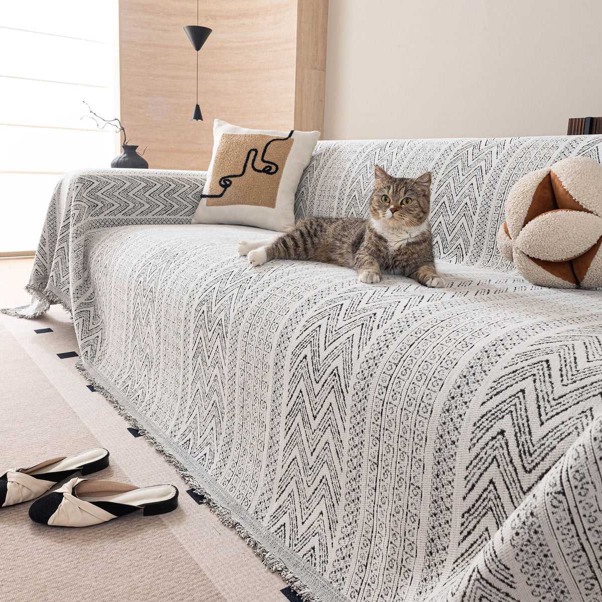 Decorative Slipcover for Pets, Kids, Boho Woven Couch Cover Throw Blanket with Tassel - Ornate Home