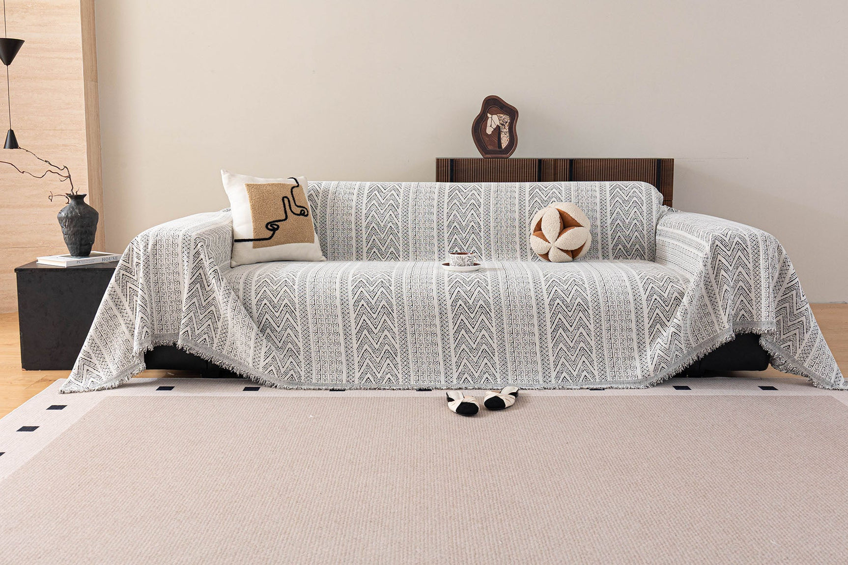 Decorative Slipcover for Pets, Kids, Boho Woven Couch Cover Throw Blanket with Tassel - Ornate Home