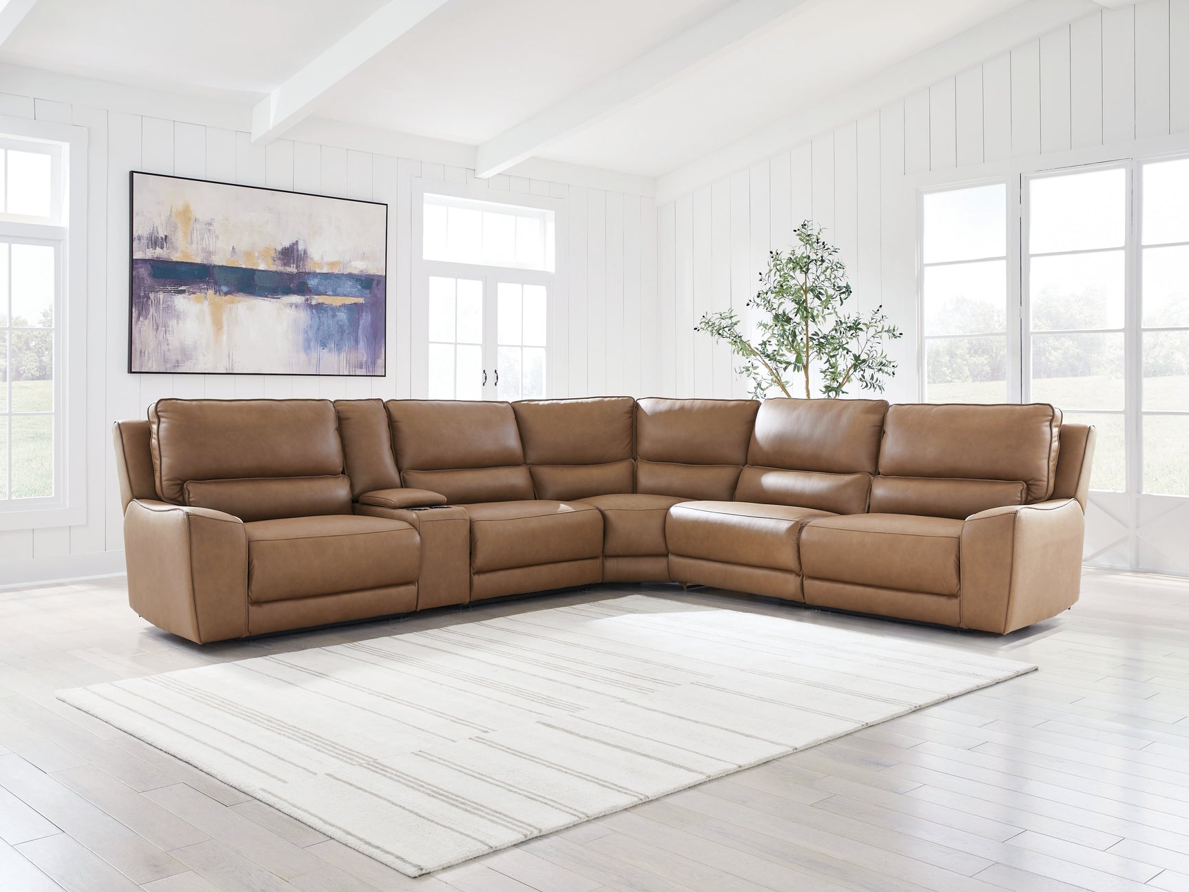 DeepWakes Caramel 6-Piece Reclining Sectional with Storage Console - Ornate Home