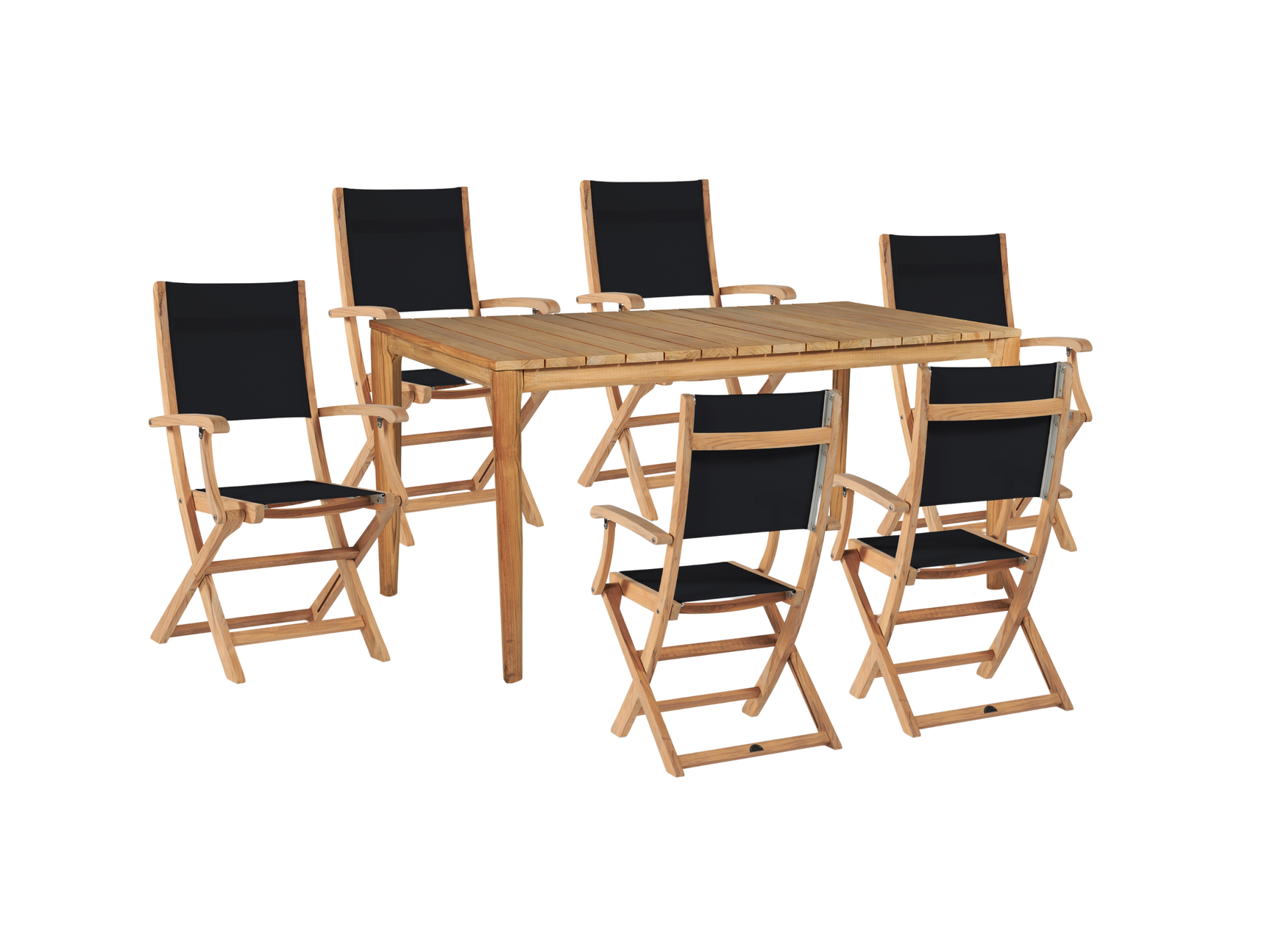 Del Ray 7-Piece Rectangular Teak Black Outdoor Dining Set with Folding Armchairs - Ornate Home