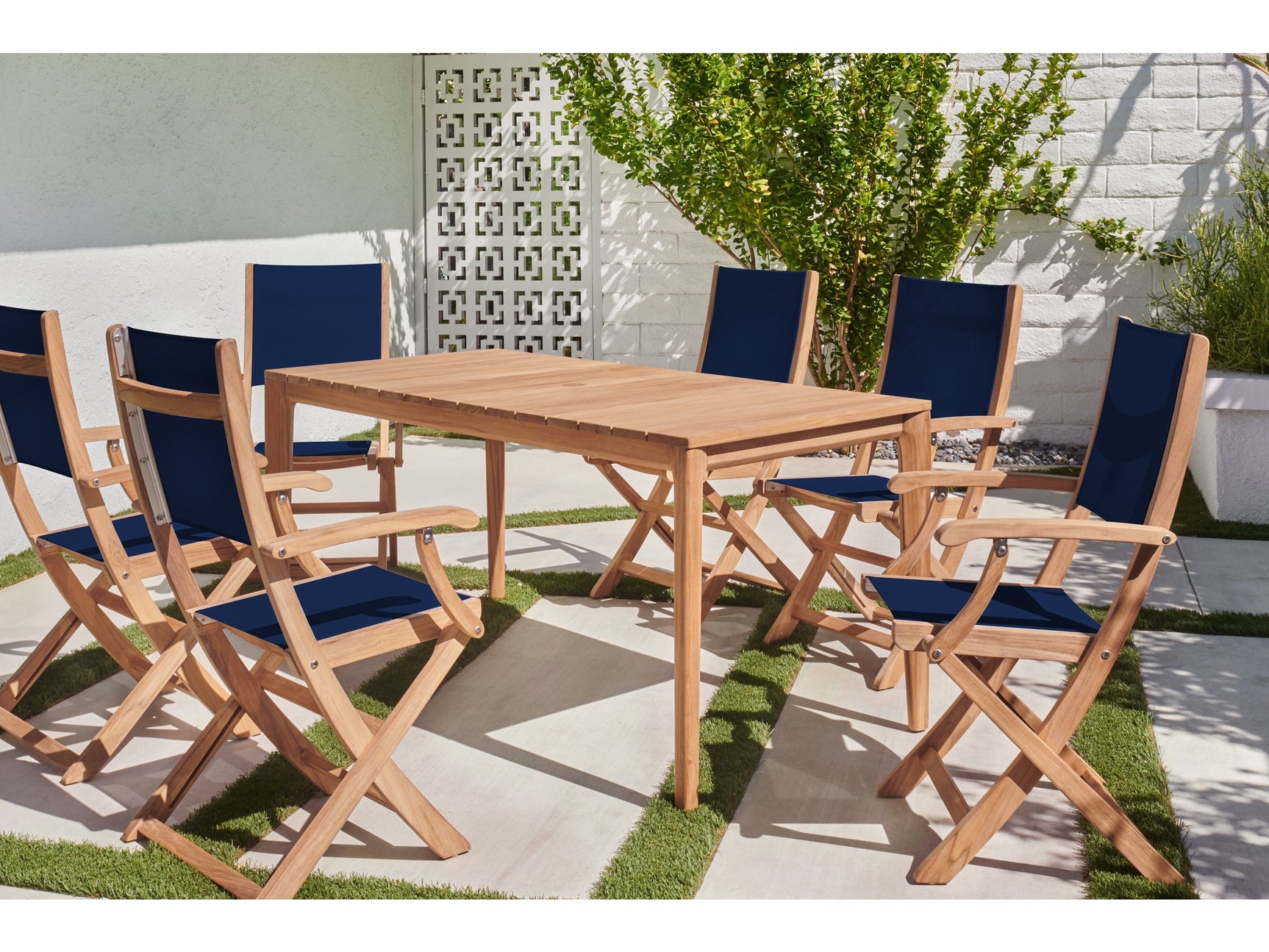 Del Ray 7-Piece Rectangular Teak Blue Outdoor Dining Set with Folding Armchairs - Ornate Home