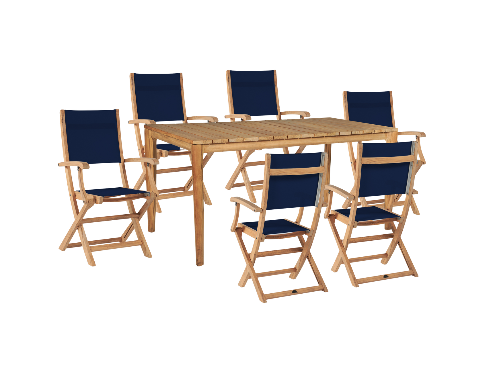Del Ray 7-Piece Rectangular Teak Blue Outdoor Dining Set with Folding Armchairs - Ornate Home