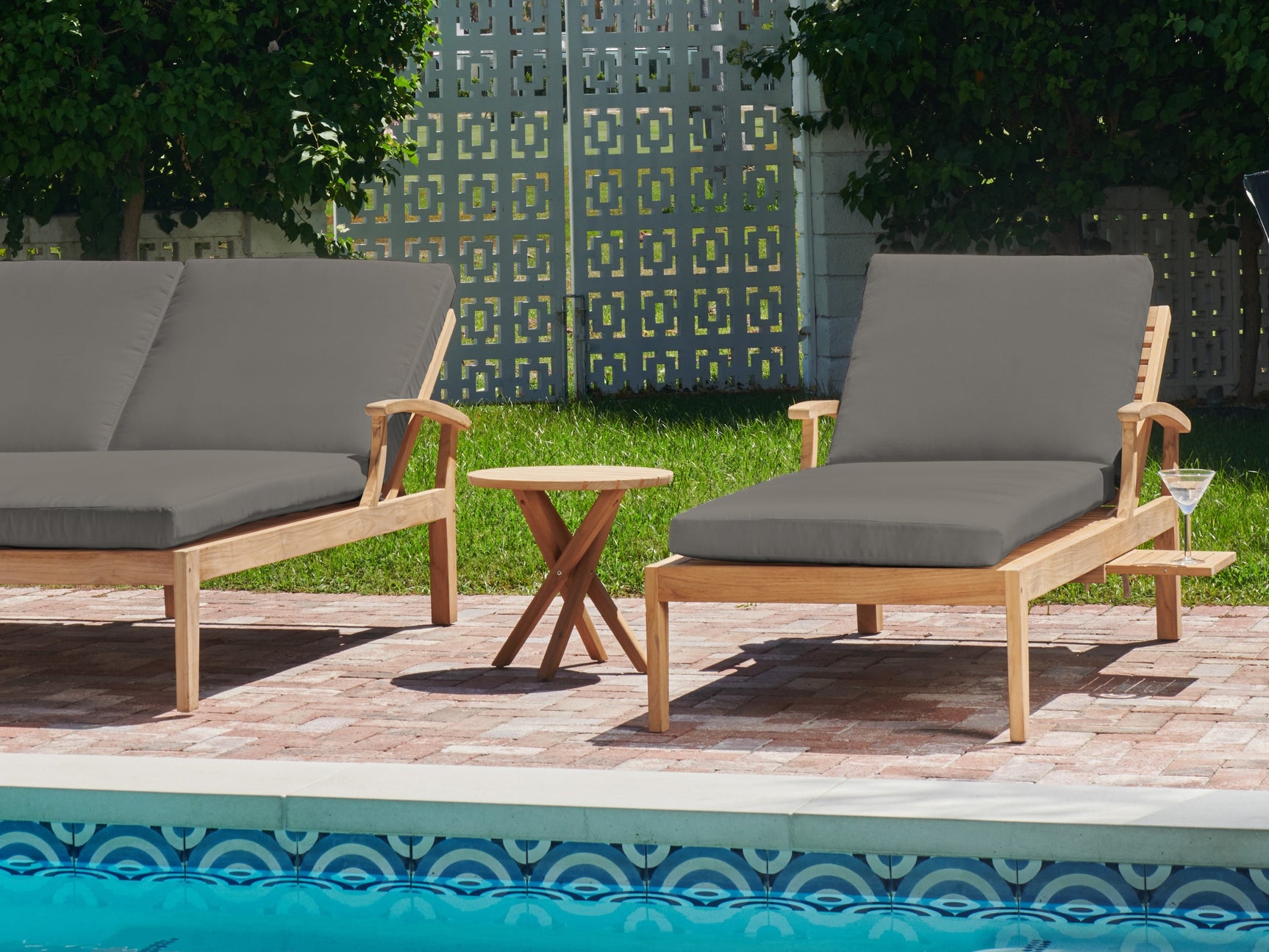 Delano Teak Charcoal Outdoor Reclining Sunlounger with Sunbrella® Cushion and Slide-out Tray - Ornate Home